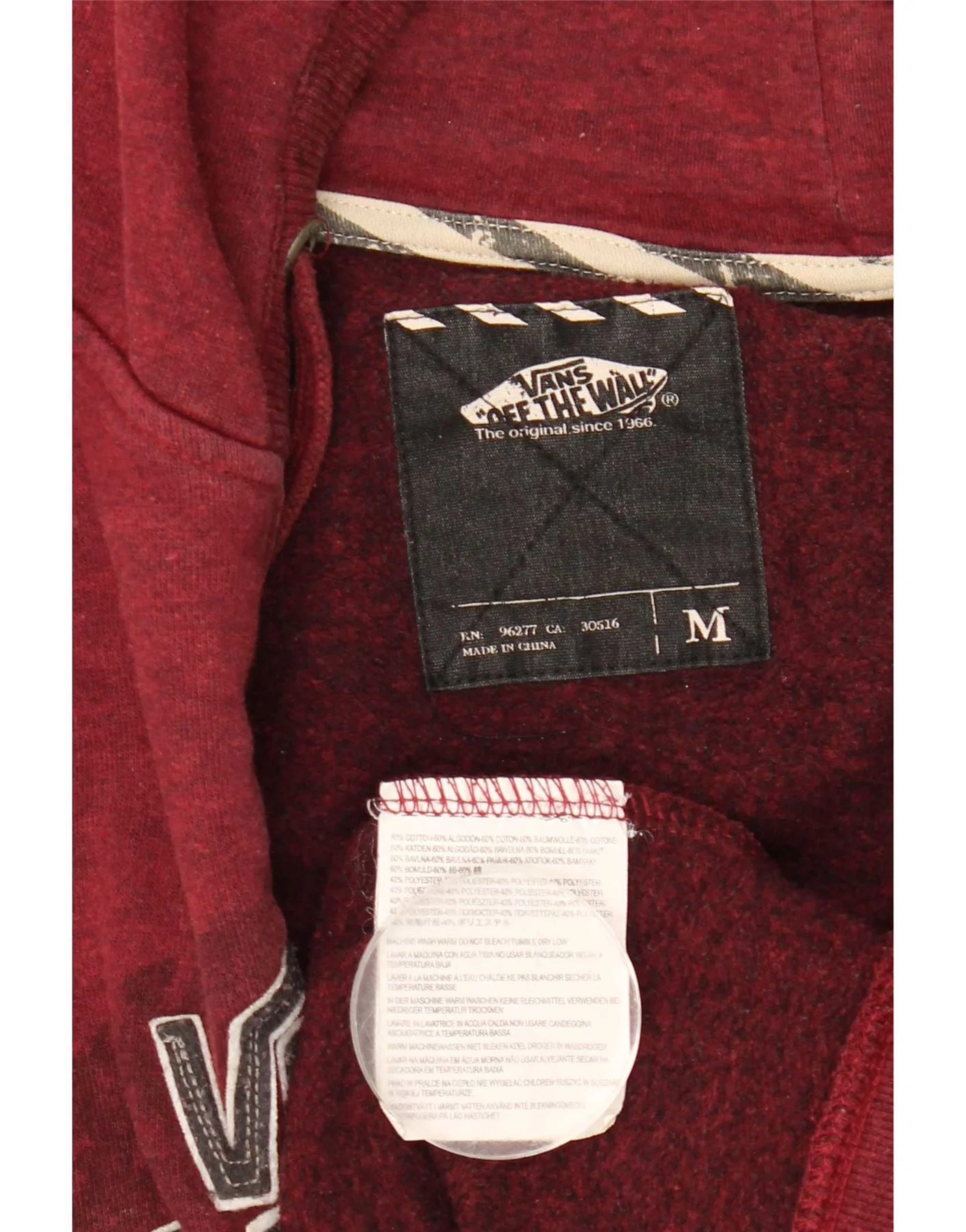 Vans Mens Graphic Zip Hoodie Sweater Medium Burgundy Cotton - Image 5