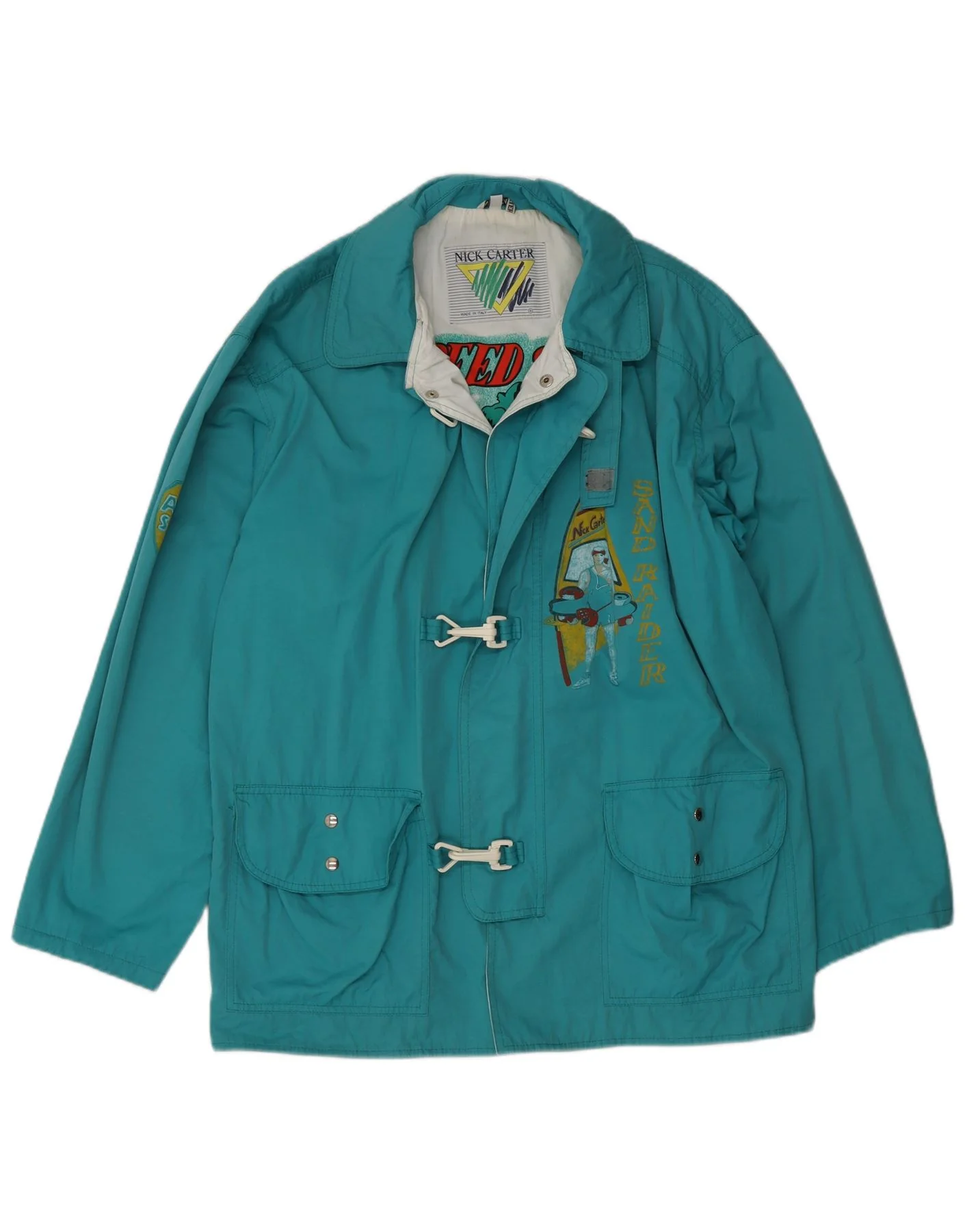 Vintage Boys Graphic Loose Fit Duffle Jacket 13-14 Years Blue Cotton Retro