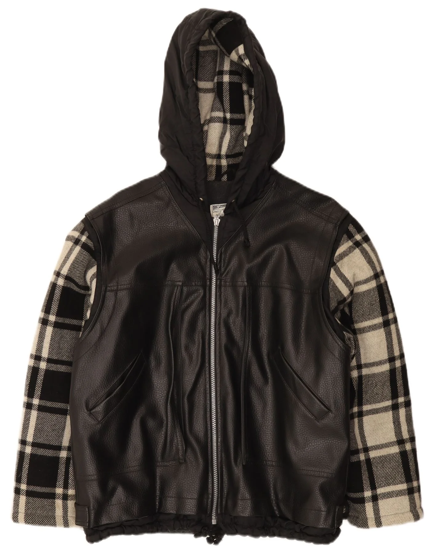 Vintage Boys Hooded Windbreaker Coat 11-12 Years Black Check Polyvinyl