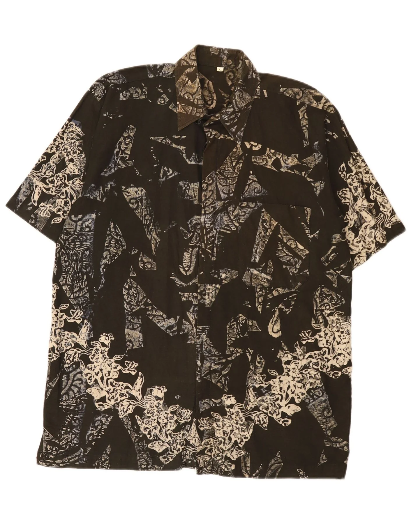 Vintage Mens Abstract Pattern Short Sleeve Shirt XL Khaki