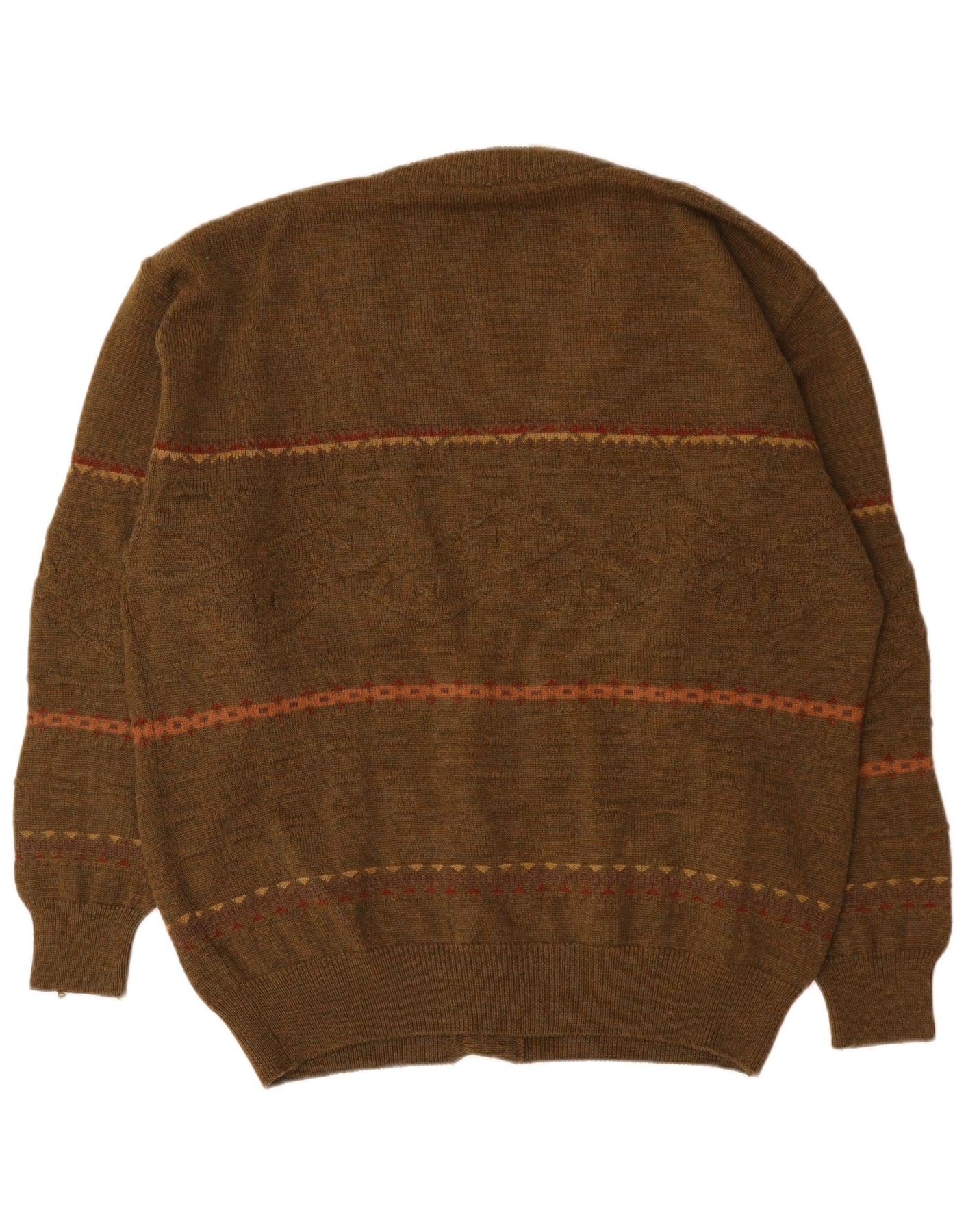 Vintage Mens Cardigan Sweater 2XL Khaki Geometric Polyacrylic - Image 2