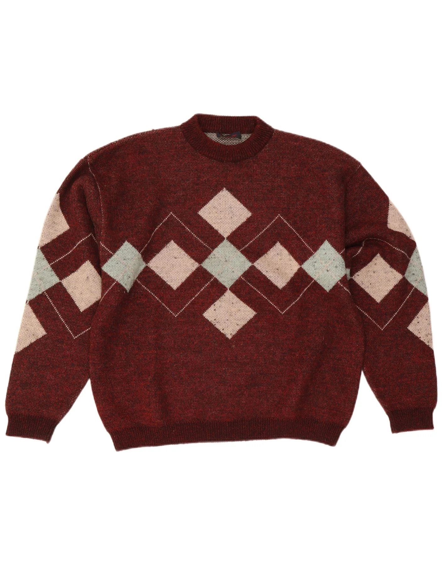 Vintage Mens Crew Neck Jumper Sweater Large Burgundy Argyle/Diamond