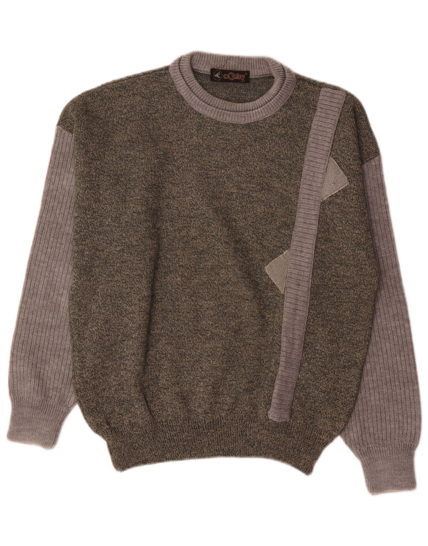 Vintage Mens Crew Neck Jumper Sweater Large Green Colourblock Wool