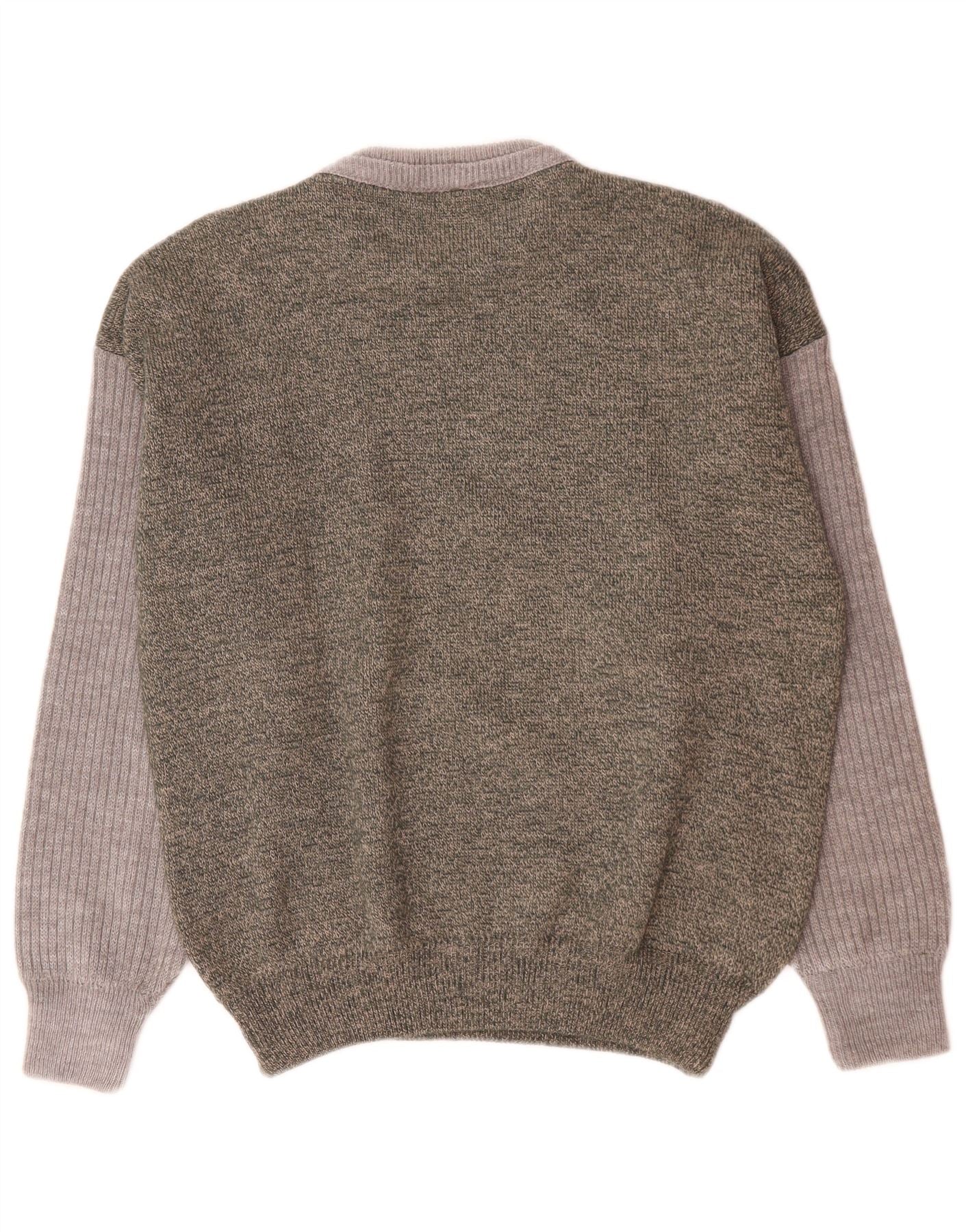 Vintage Mens Crew Neck Jumper Sweater Large Green Colourblock Wool - Image 2