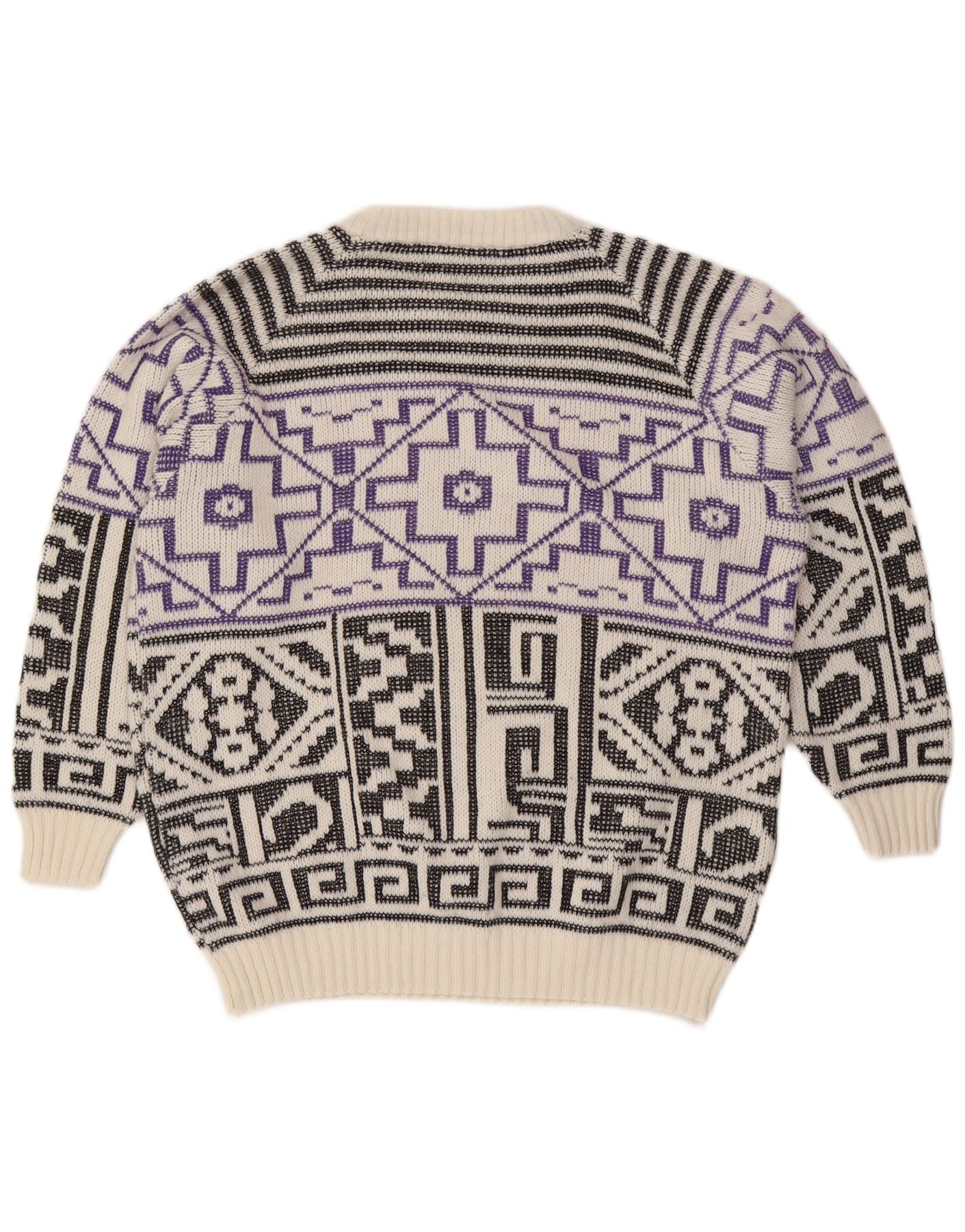Vintage Mens Crew Neck Jumper Sweater Large White Geometric Wool - Image 2