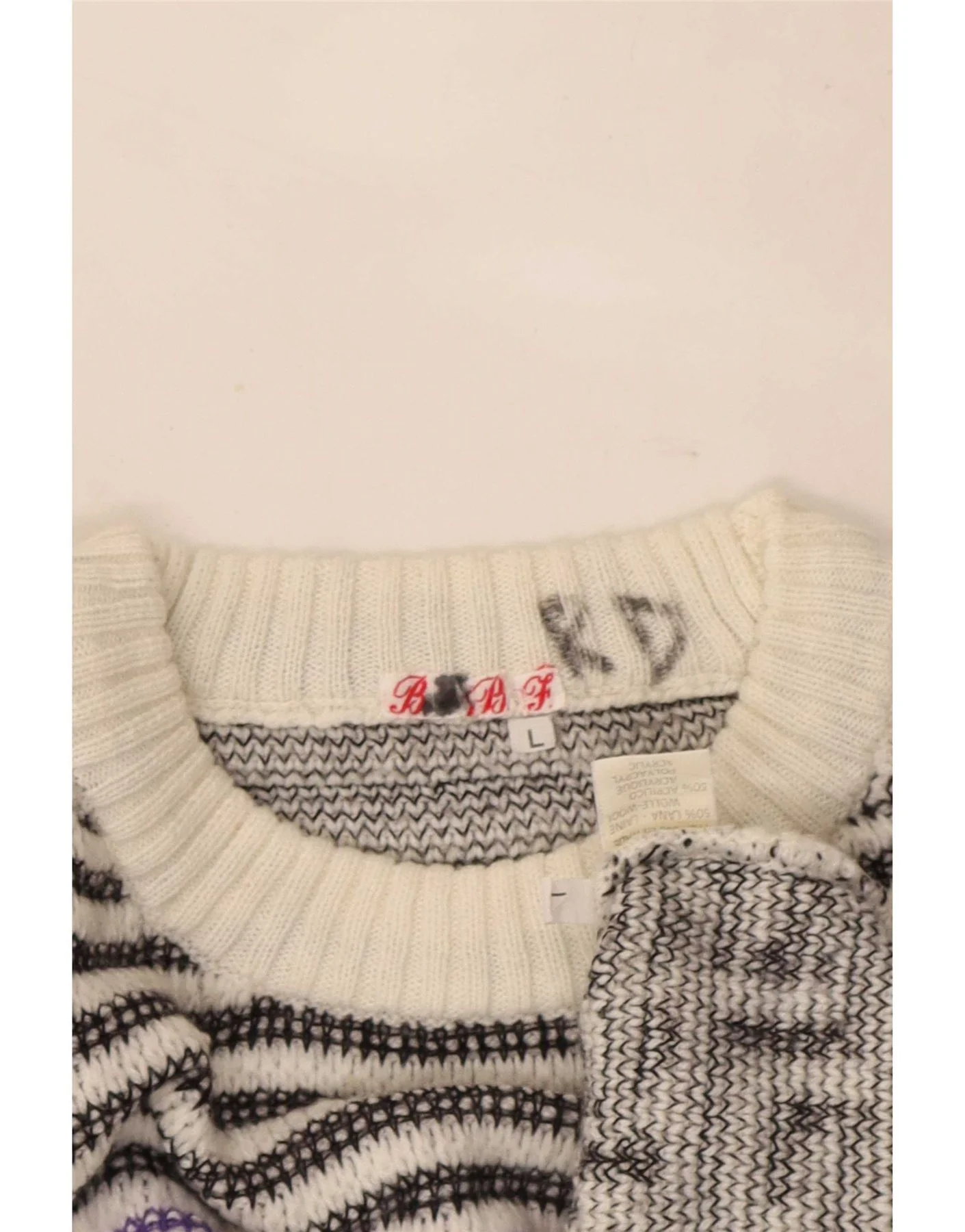 Vintage Mens Crew Neck Jumper Sweater Large White Geometric Wool - Image 3