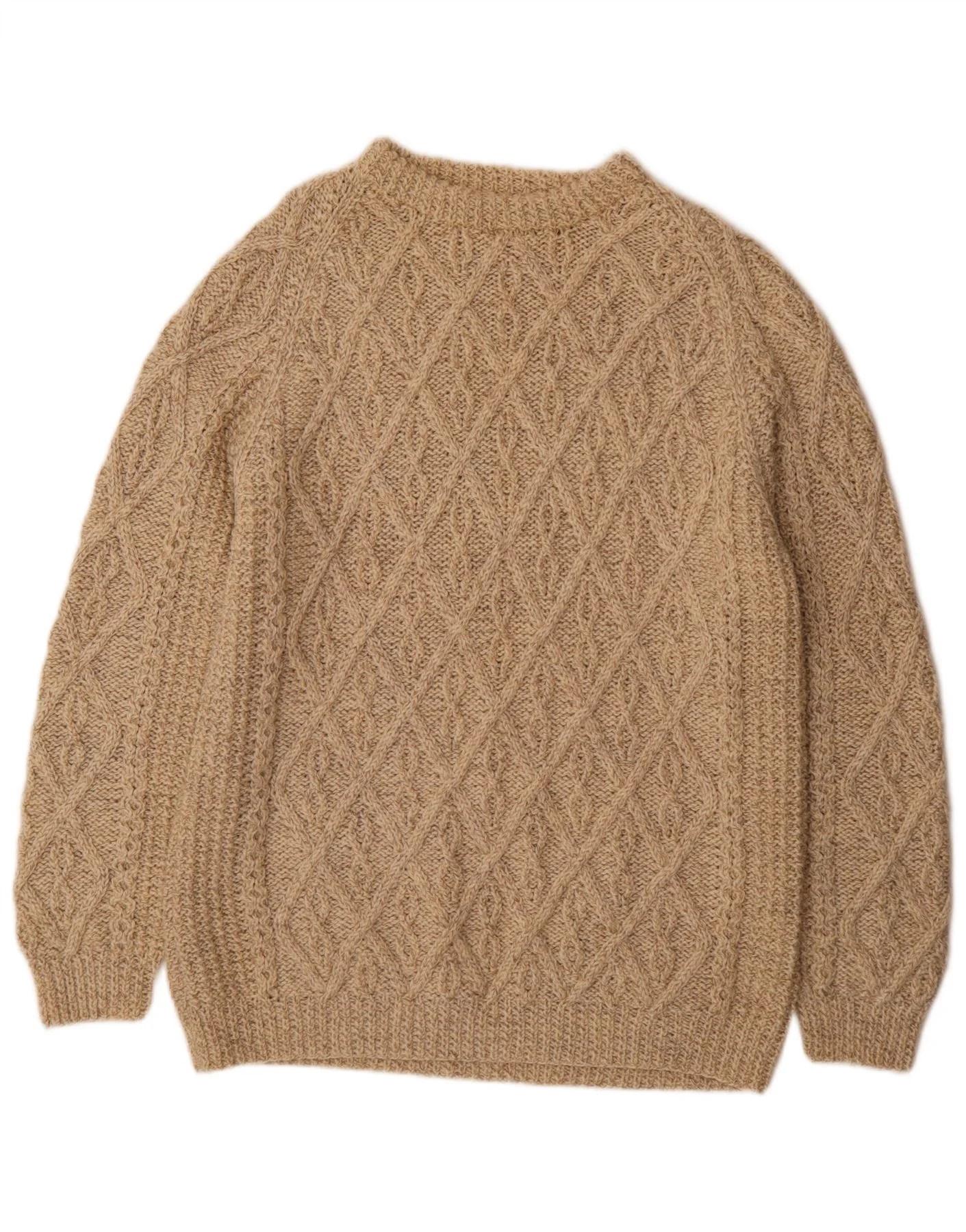 Vintage Mens Crew Neck Jumper Sweater Medium Beige Geometric