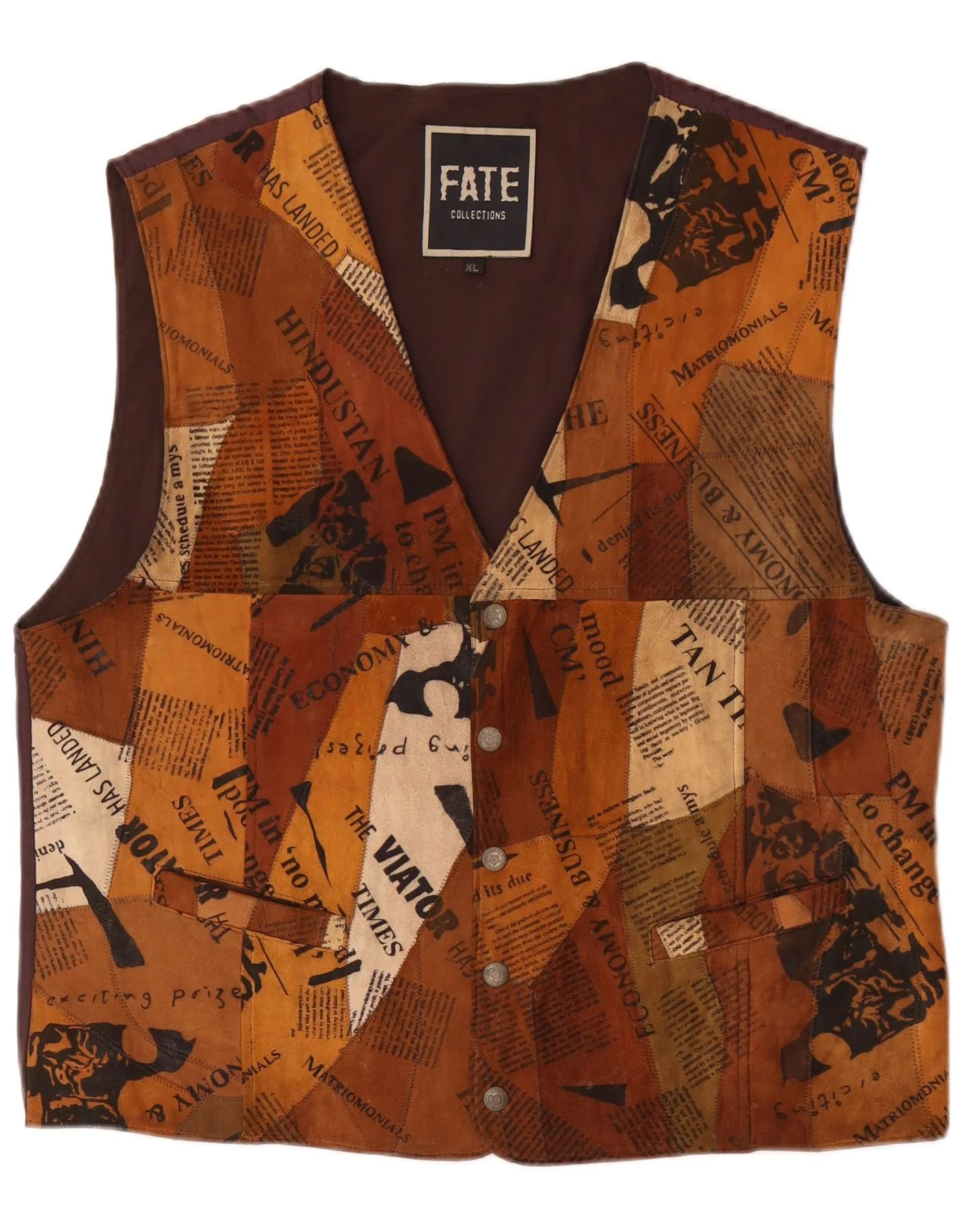 Vintage Mens Graphic Suede Waistcoat XL Brown Leather
