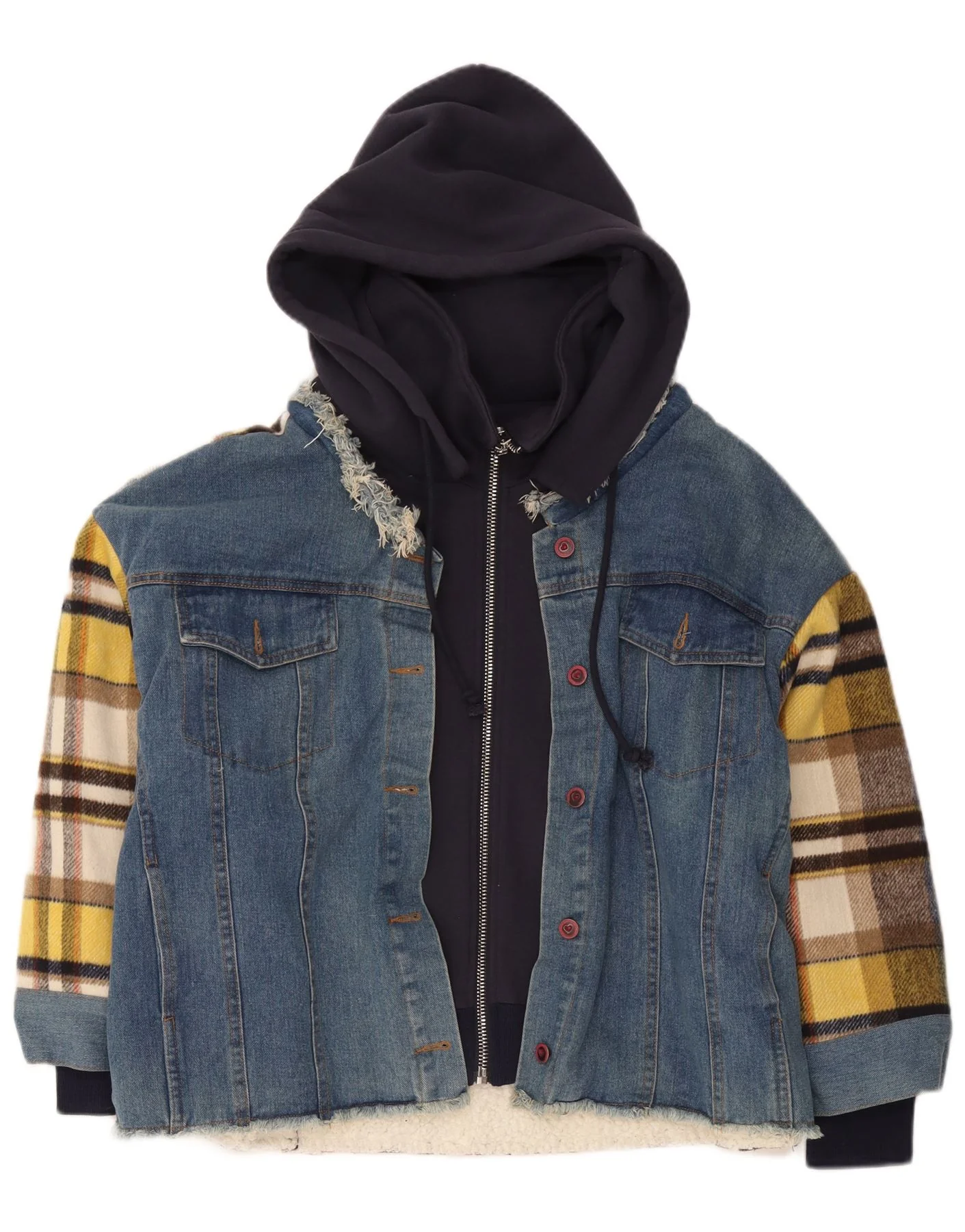 Vintage Mens Hooded Sherpa Jacket UK 42 XL Blue Check Cotton