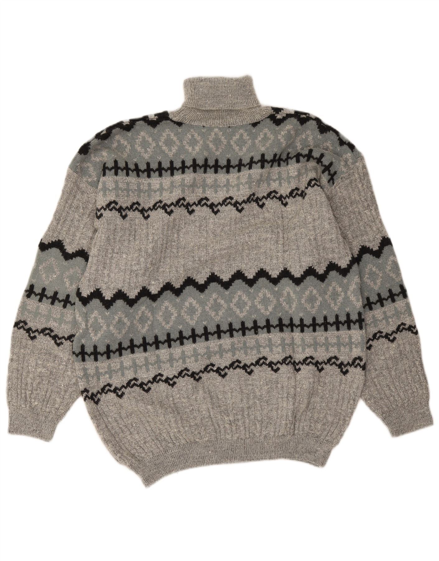 Vintage Mens Roll Neck Jumper Sweater Large Grey Fair Isle Alpaca Wool - Image 2