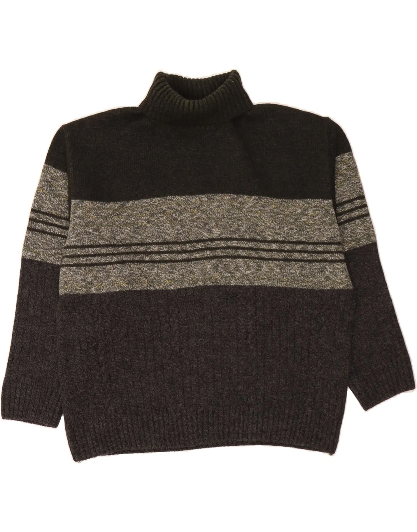 VINTAGE Mens Roll Neck Jumper Sweater Large Khaki Striped Acrylic