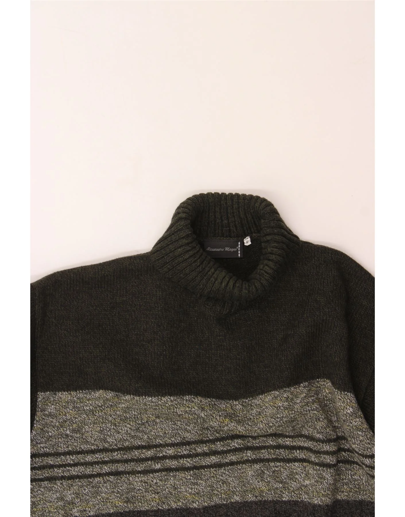 VINTAGE Mens Roll Neck Jumper Sweater Large Khaki Striped Acrylic - Image 3