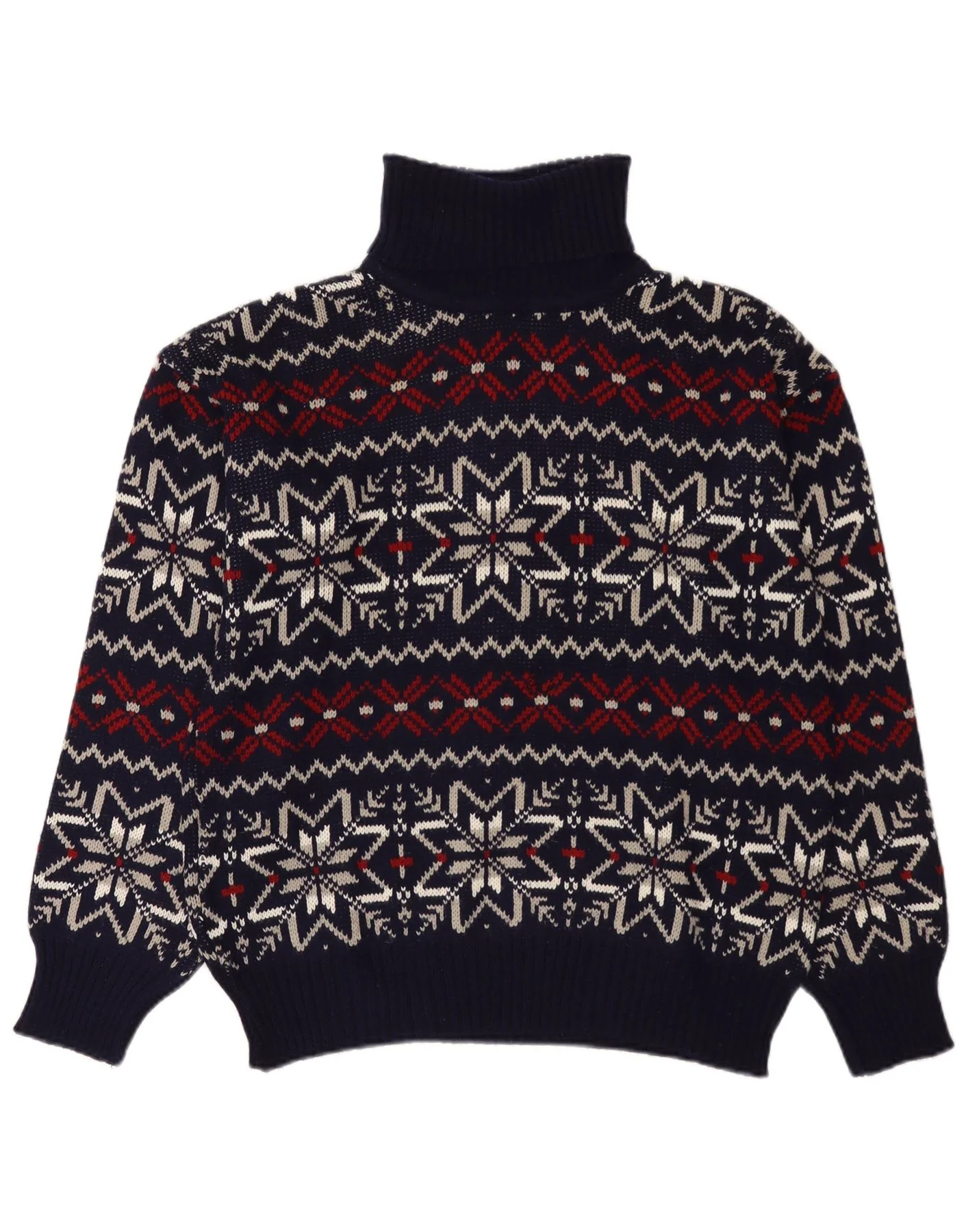 Vintage Mens Roll Neck Jumper Sweater Large Navy Blue Fair Isle