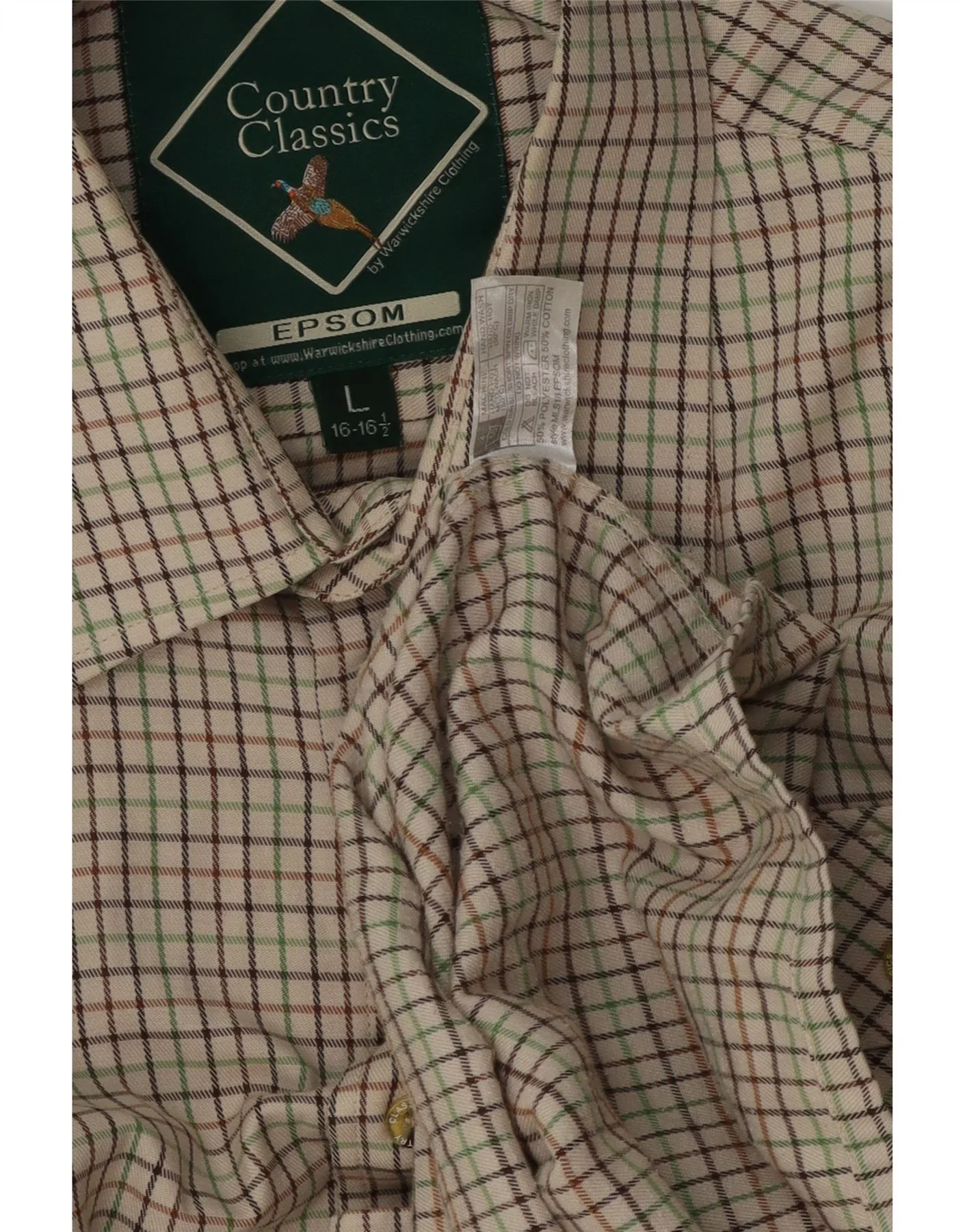 Vintage Mens Shirt Size 16 1/2 Large Beige Check Polyester - Image 4