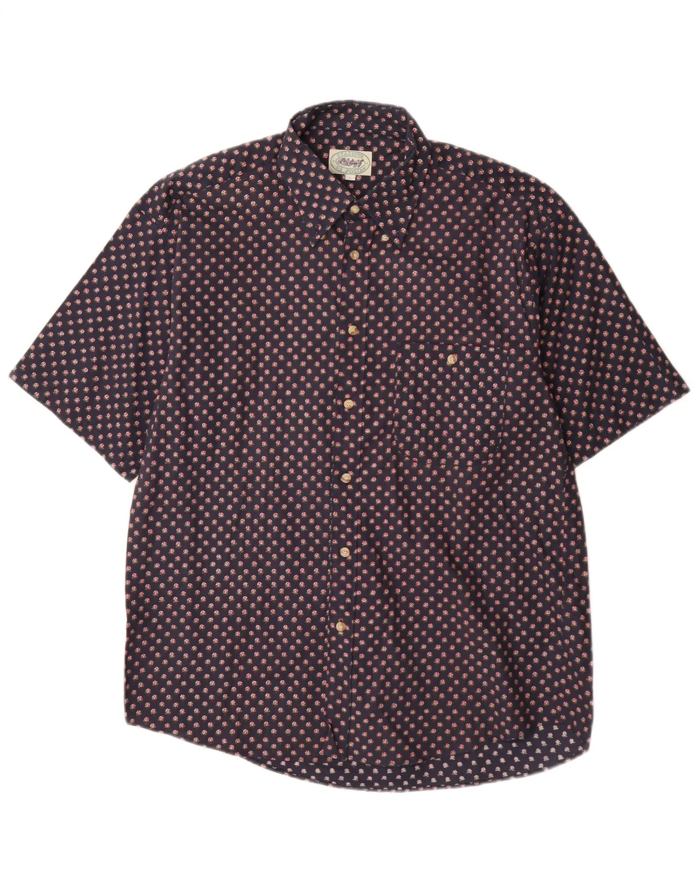 Vintage Mens Short Sleeve Shirt Large Navy Blue Floral Cotton