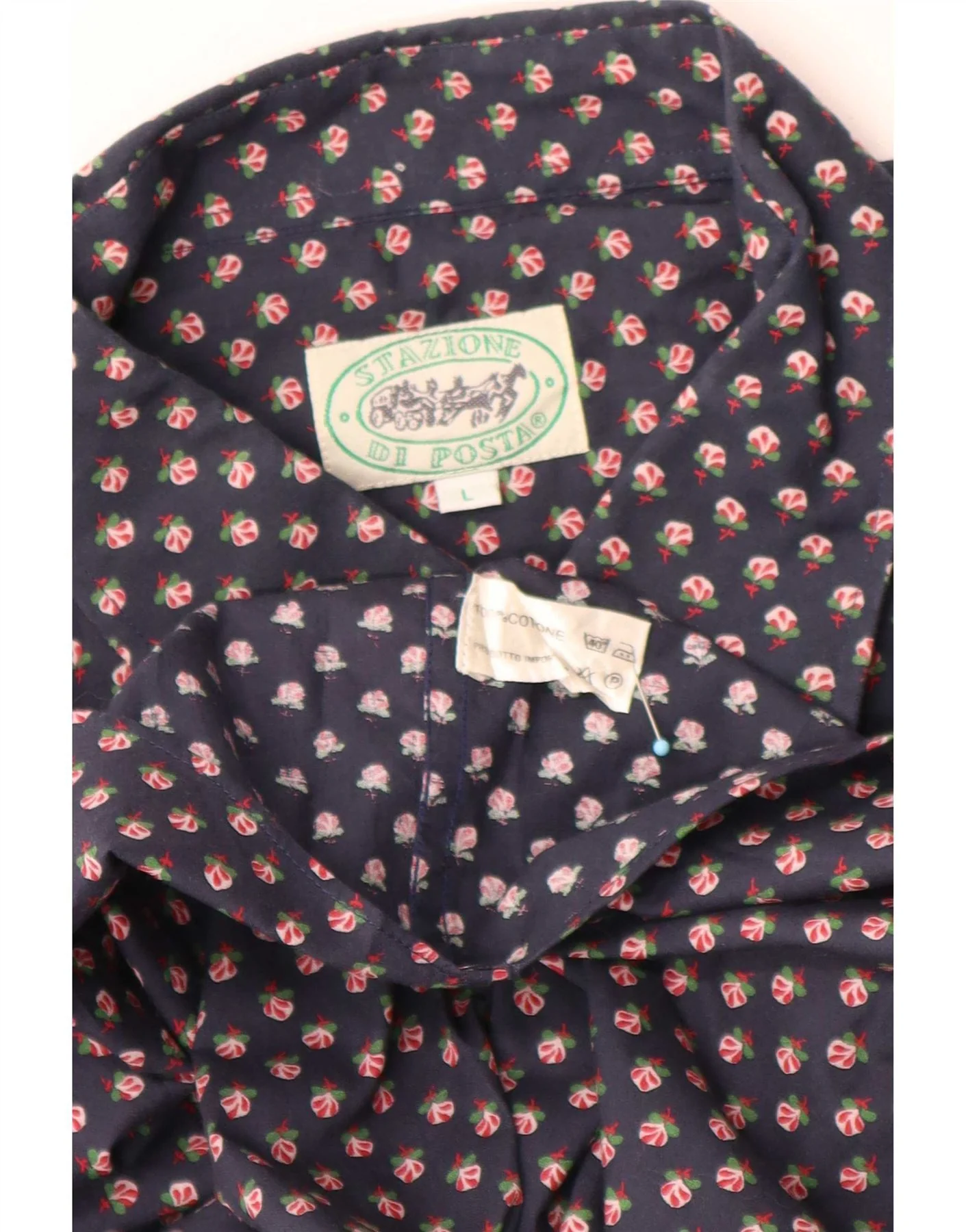 Vintage Mens Short Sleeve Shirt Large Navy Blue Floral Cotton - Image 3