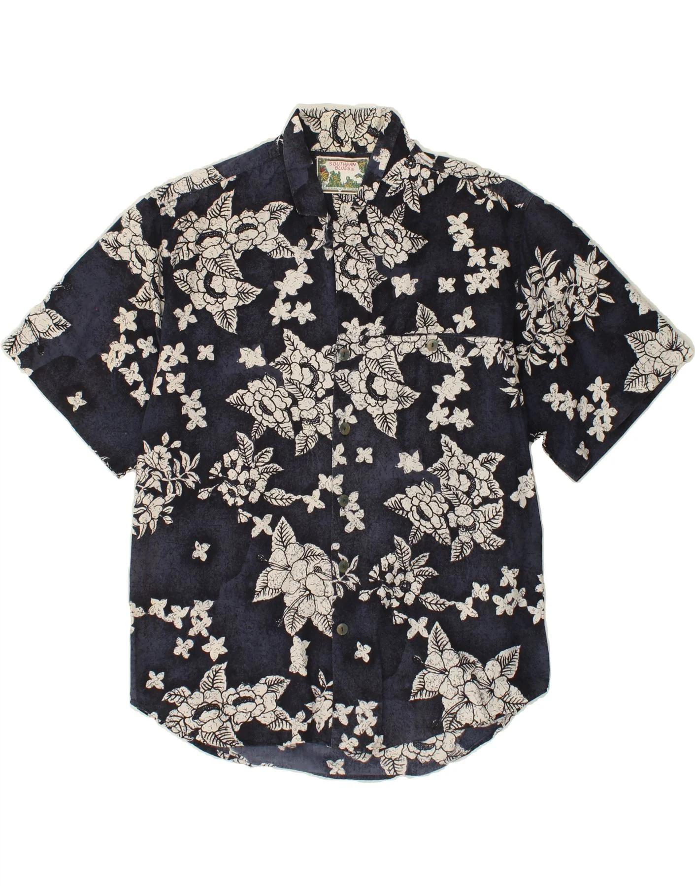 VINTAGE Mens Short Sleeve Shirt Large Navy Blue Floral Cotton