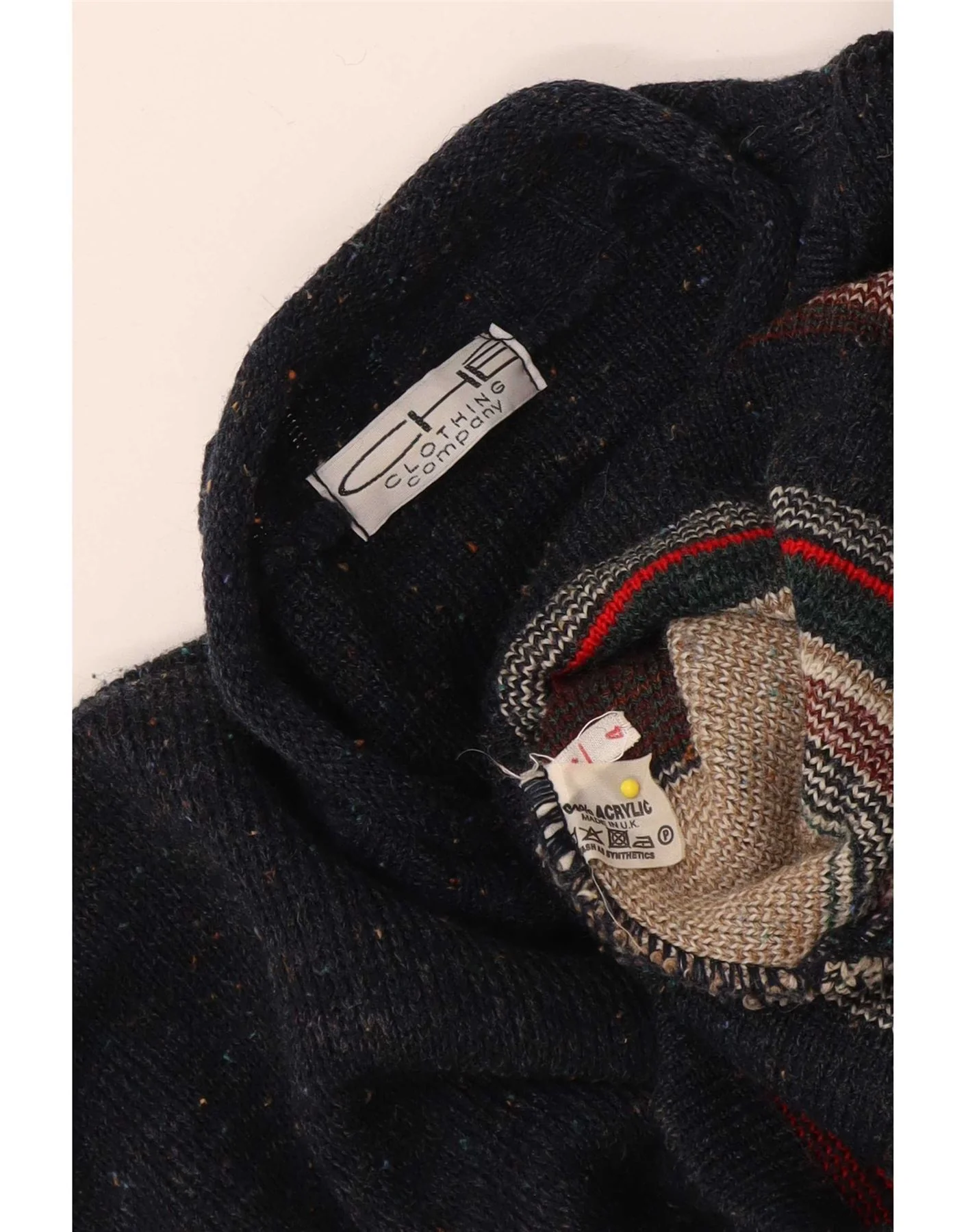 Vintage Mens Turtle Neck Jumper Sweater Medium Navy Blue Striped Acrylic - Image 3