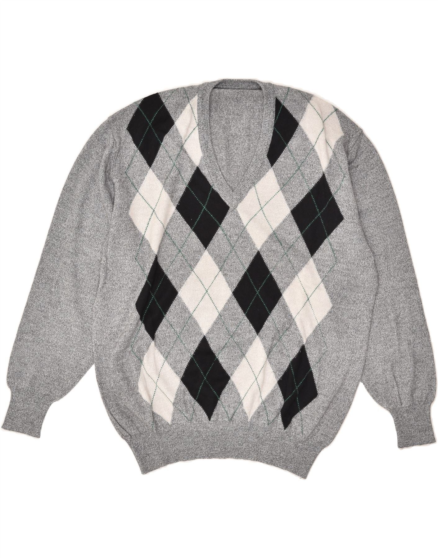 VINTAGE Mens V-Neck Jumper Sweater IT 52 Large Grey Argyle/Diamond Acrylic