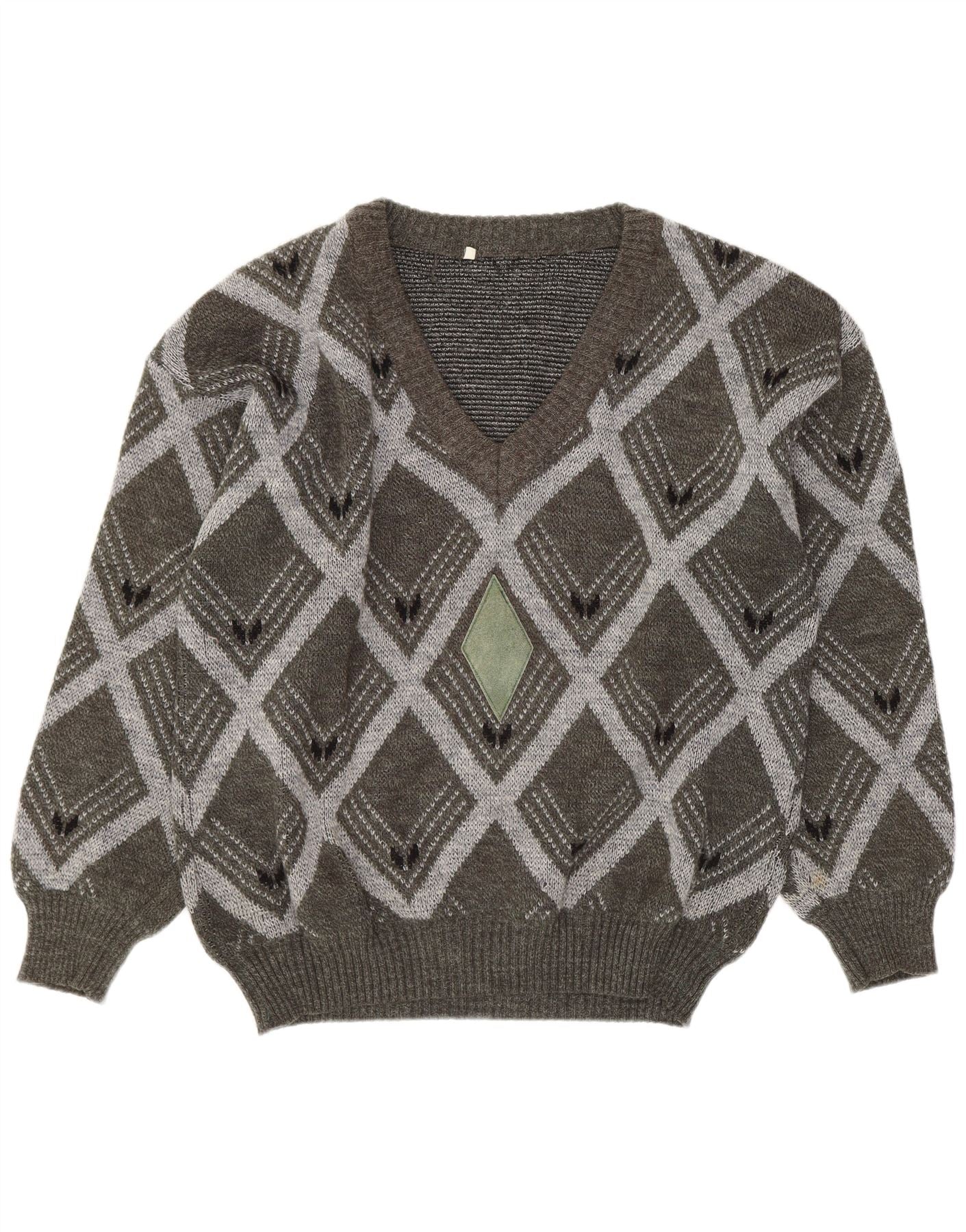 Vintage Mens V-Neck Jumper Sweater IT 54 XL Grey Argyle/Diamond Wool