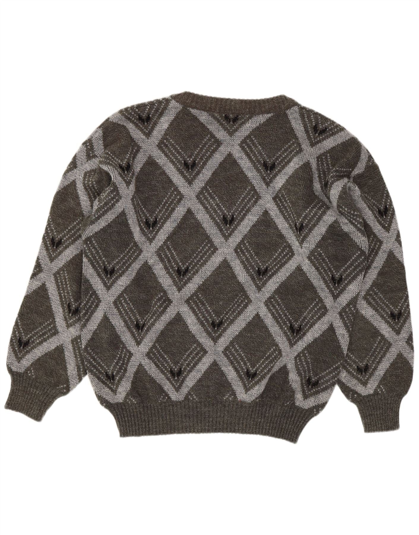 Vintage Mens V-Neck Jumper Sweater IT 54 XL Grey Argyle/Diamond Wool - Image 2