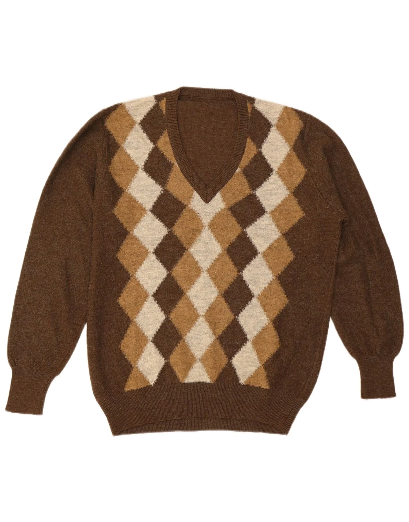 Vintage Mens V-Neck Jumper Sweater Large Brown Argyle/Diamond