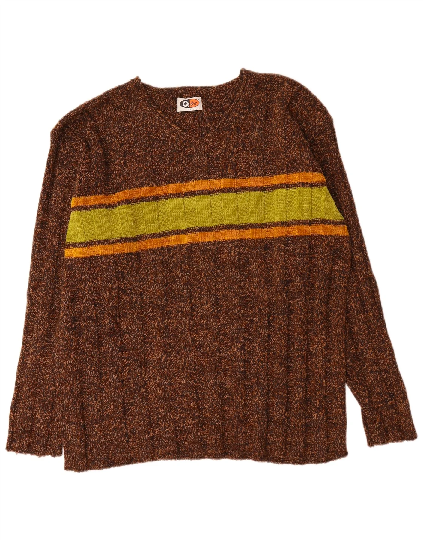 Vintage Mens V-Neck Jumper Sweater Large Brown Colourblock Wool