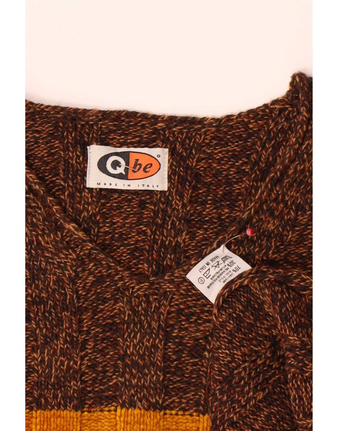 Vintage Mens V-Neck Jumper Sweater Large Brown Colourblock Wool - Image 3