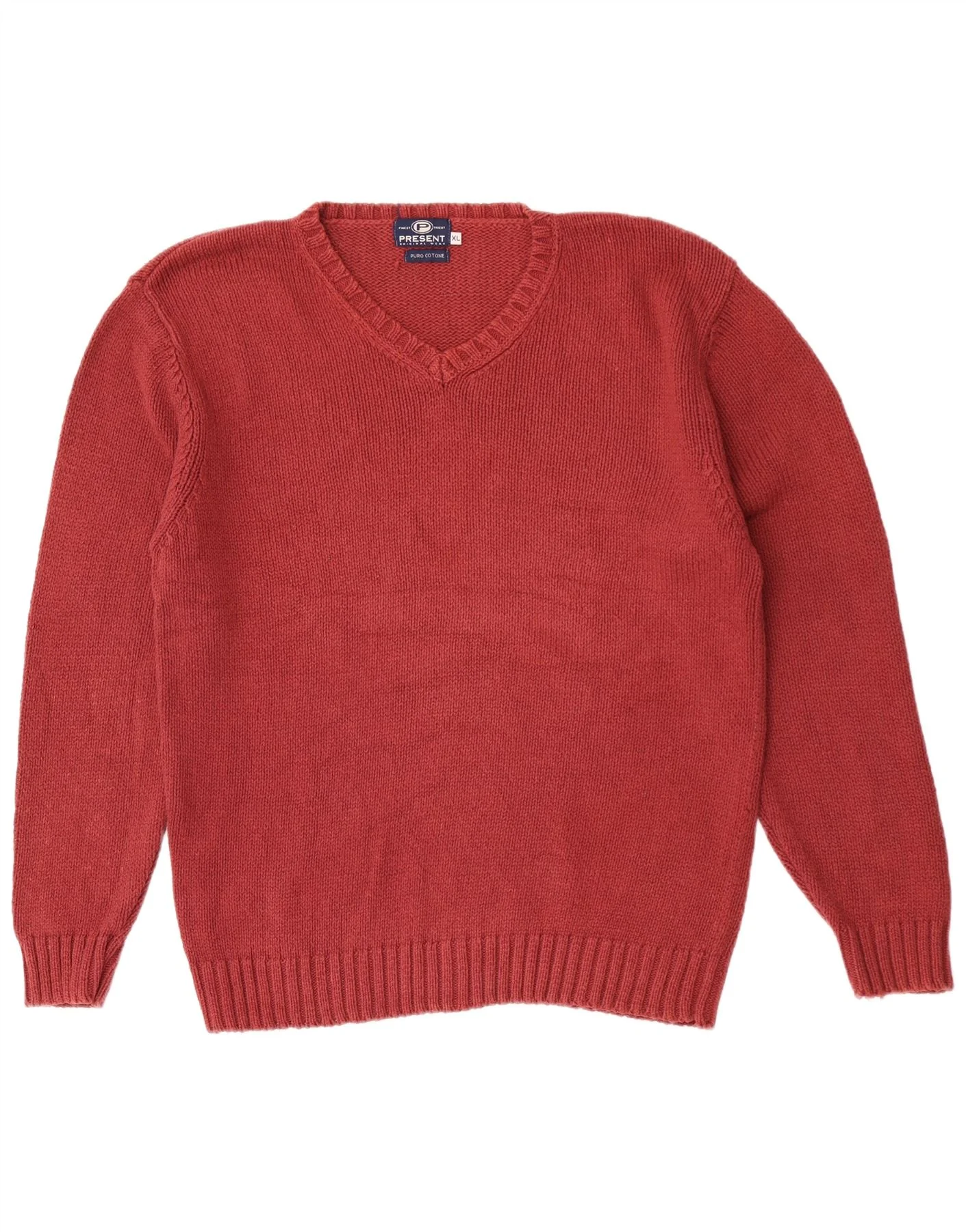 Vintage Mens V-Neck Jumper Sweater XL Maroon Cotton