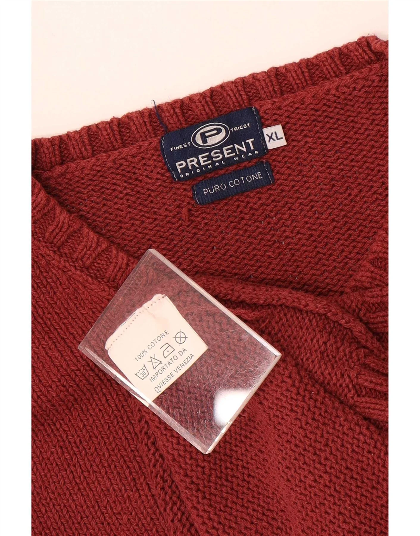 Vintage Mens V-Neck Jumper Sweater XL Maroon Cotton - Image 3