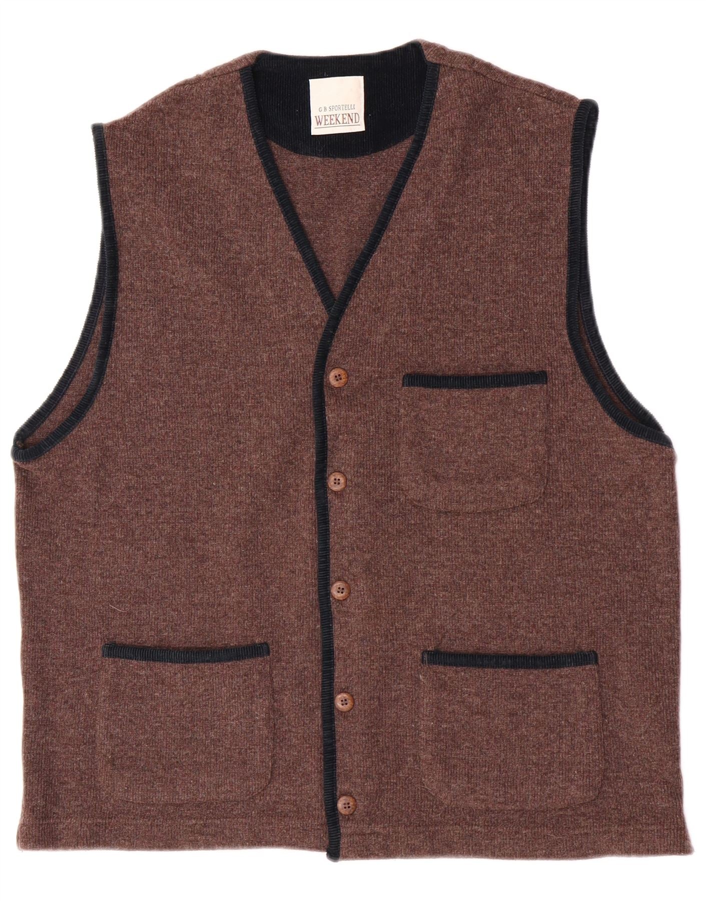 Vintage Mens Weekend Sleeveless Cardigan Sweater Large Brown Wool