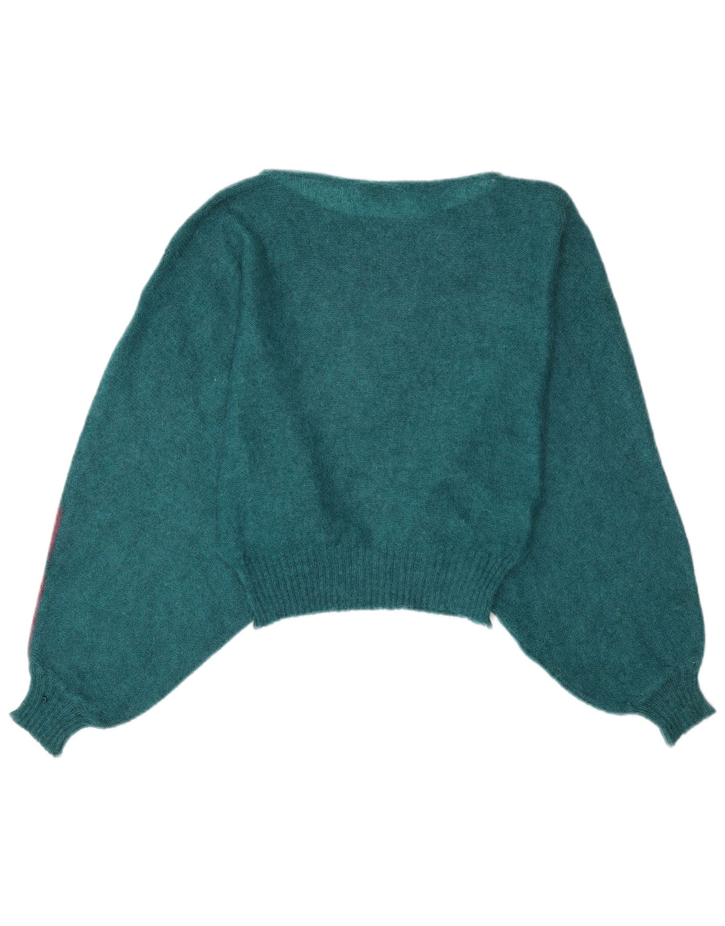 Vintage Womens Crop Boat Neck Jumper Sweater UK 14 Medium Blue Colourblock - Image 2