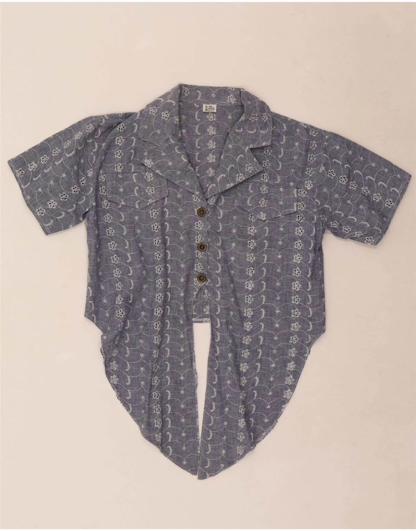 Vintage Womens Crop Short Sleeve Shirt Blouse UK 12 Medium Blue Floral