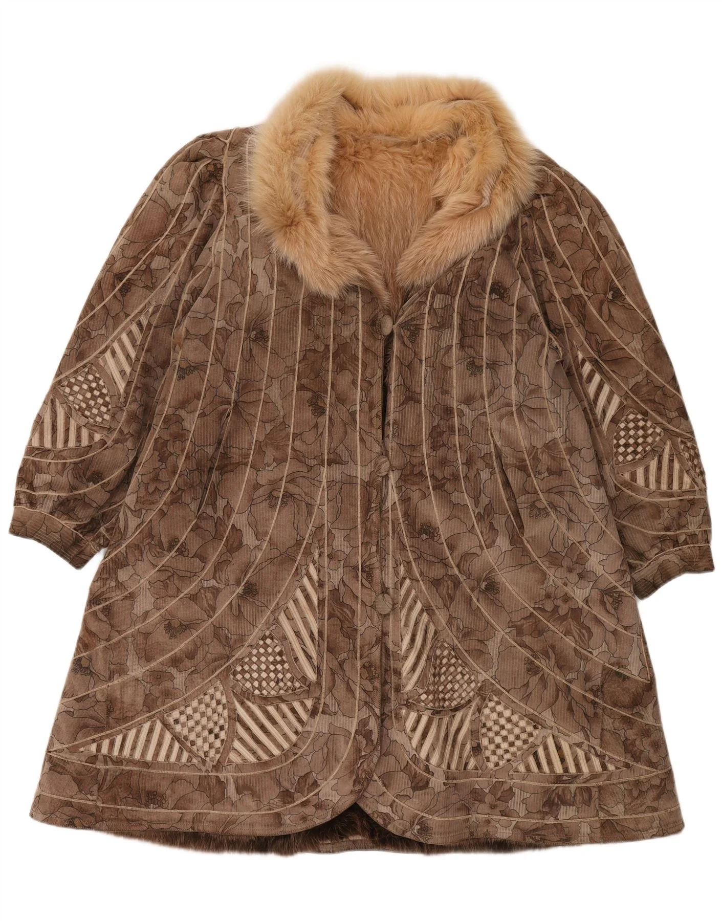 VINTAGE Womens Faux Fur Reversible Overcoat UK 18 XL Brown Floral