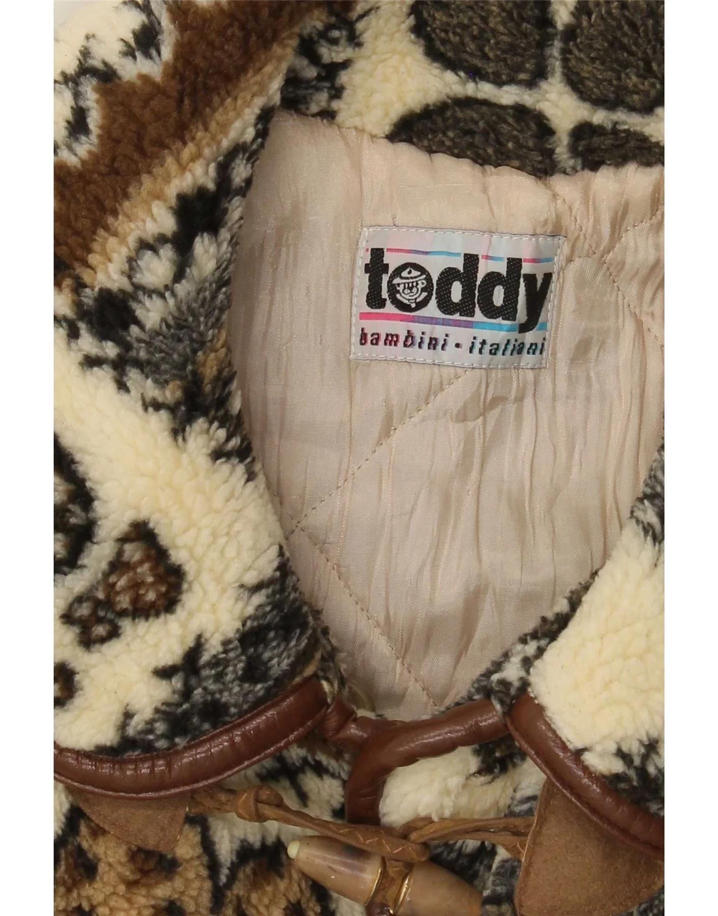 Vintage Womens Graphic Fleece Duffle Coat UK 14 Large Beige Patchwork - Image 3