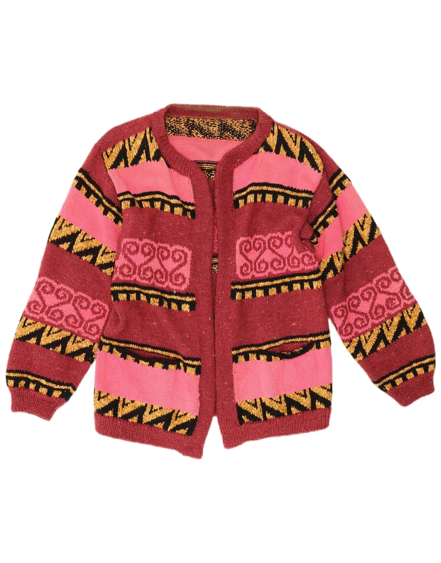 Vintage Womens Open Cardigan Sweater UK 12 Medium Red Geometric