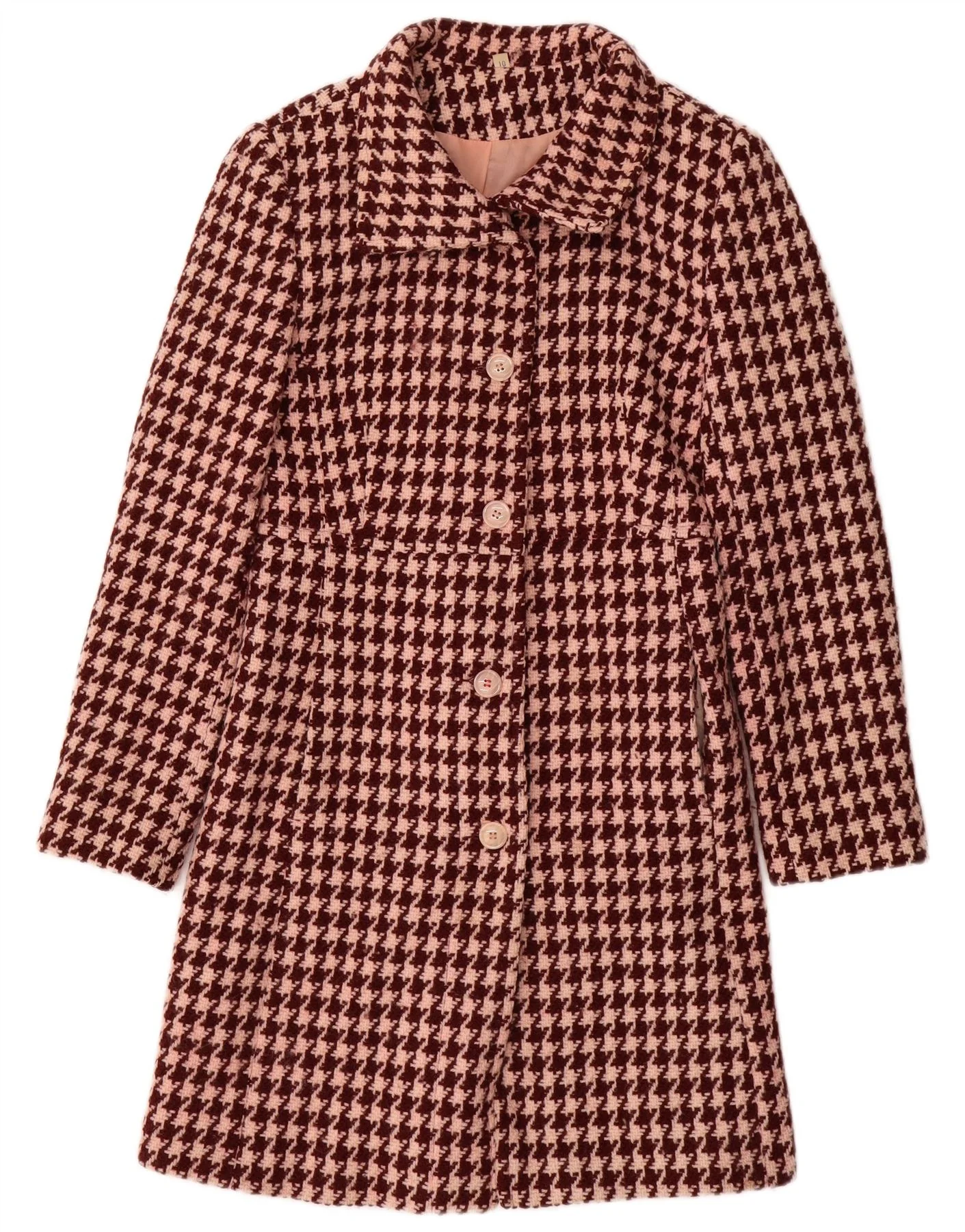 Vintage Womens Overcoat UK 10 Small Burgundy Houndstooth Wool