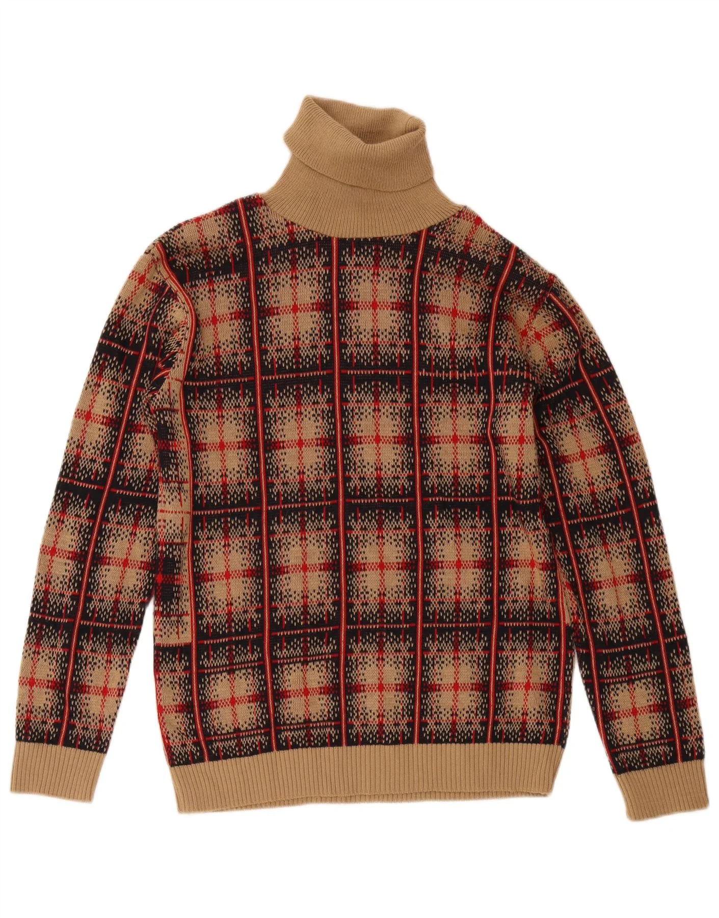 Vintage Womens Roll Neck Jumper Sweater UK 18 XL Brown Check Wool