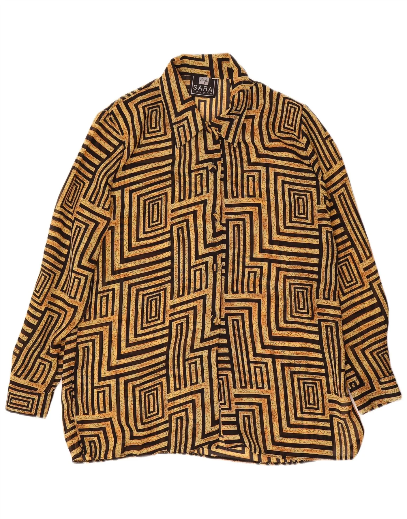 Vintage Womens Shirt Blouse UK 14 Large Beige Geometric Polyester