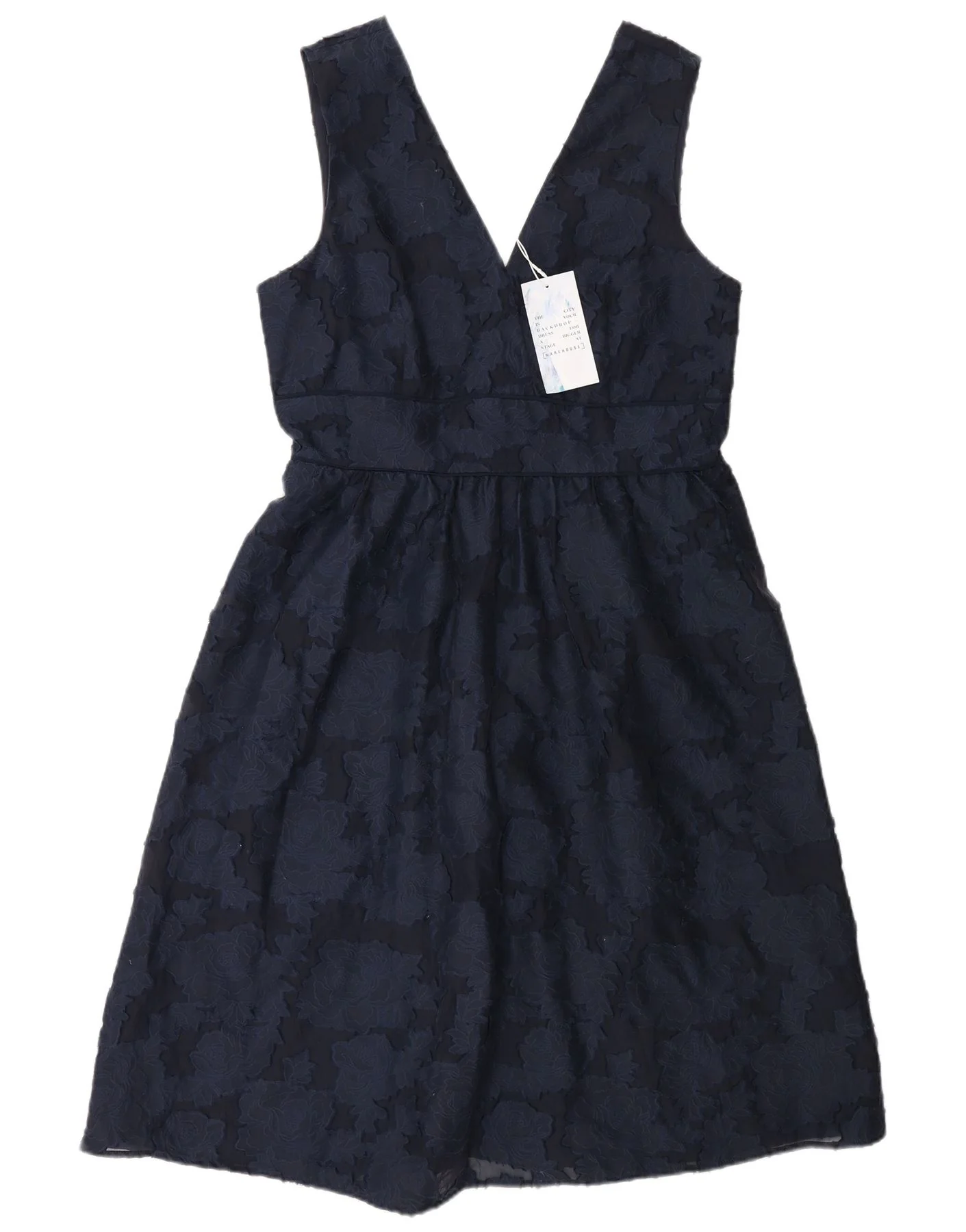Warehouse Womens Empire Dress UK 14 Large Navy Blue Floral Cotton