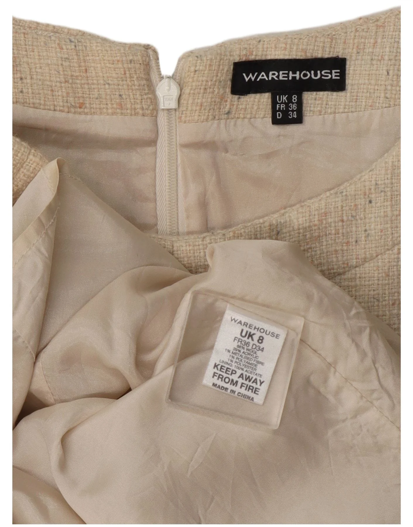 Warehouse Womens Sheath Dress UK 8 Small Beige Flecked Wool - Image 3