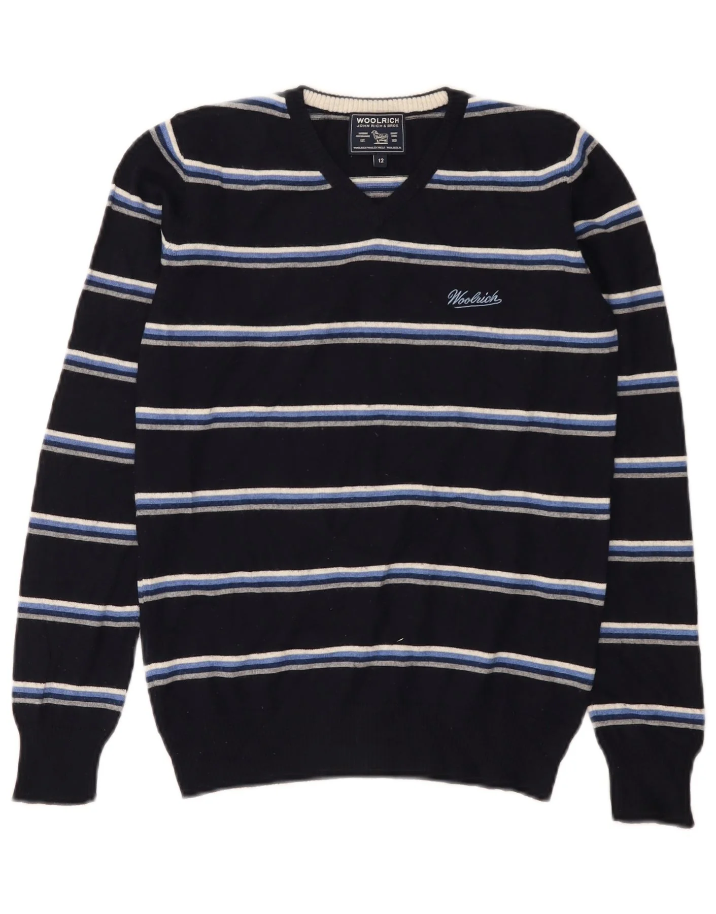 Woolrich Boys V-Neck Jumper Sweater 11-12 Years Navy Blue Striped Wool