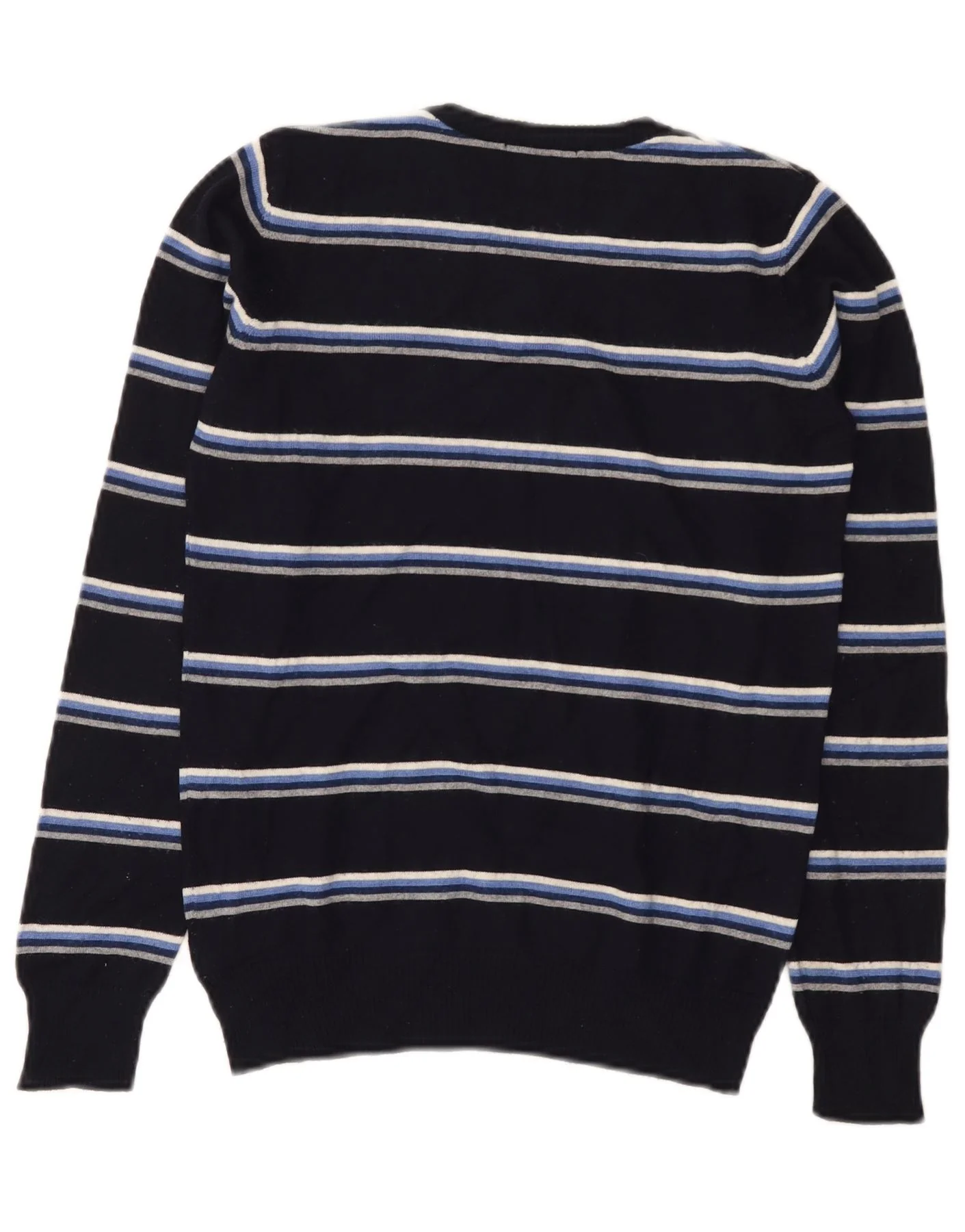 Woolrich Boys V-Neck Jumper Sweater 11-12 Years Navy Blue Striped Wool - Image 2
