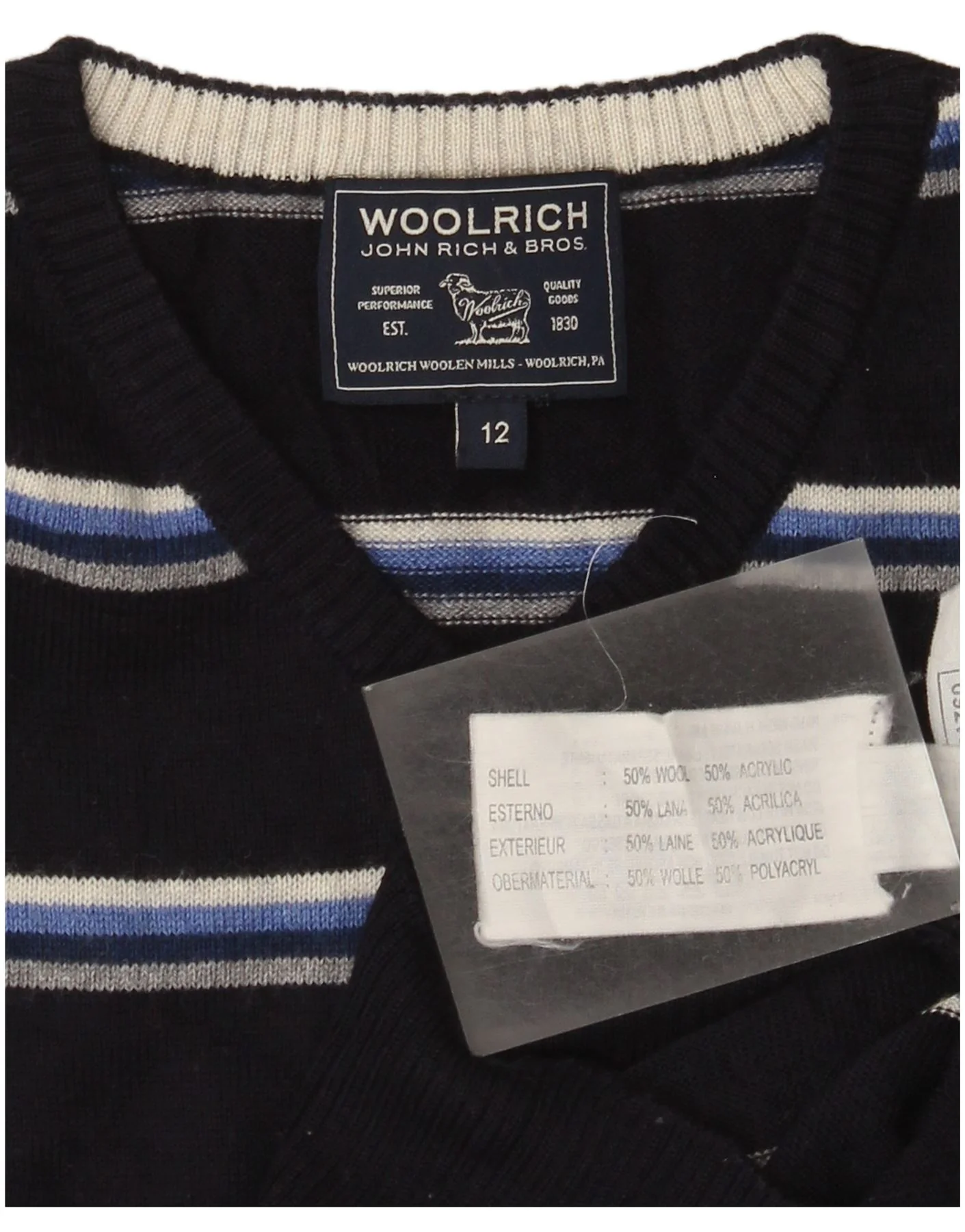 Woolrich Boys V-Neck Jumper Sweater 11-12 Years Navy Blue Striped Wool - Image 3
