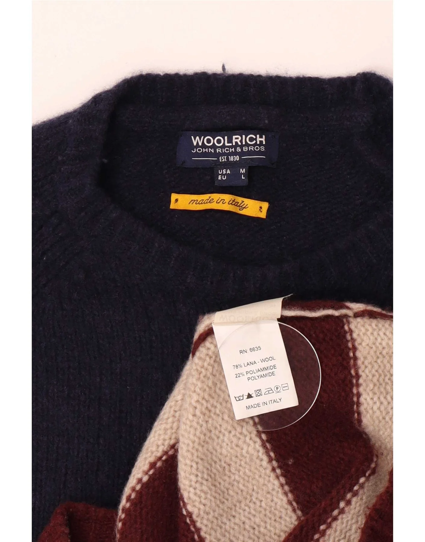 Woolrich Mens Crew Neck Jumper Sweater Medium Navy Blue Striped Wool - Image 3