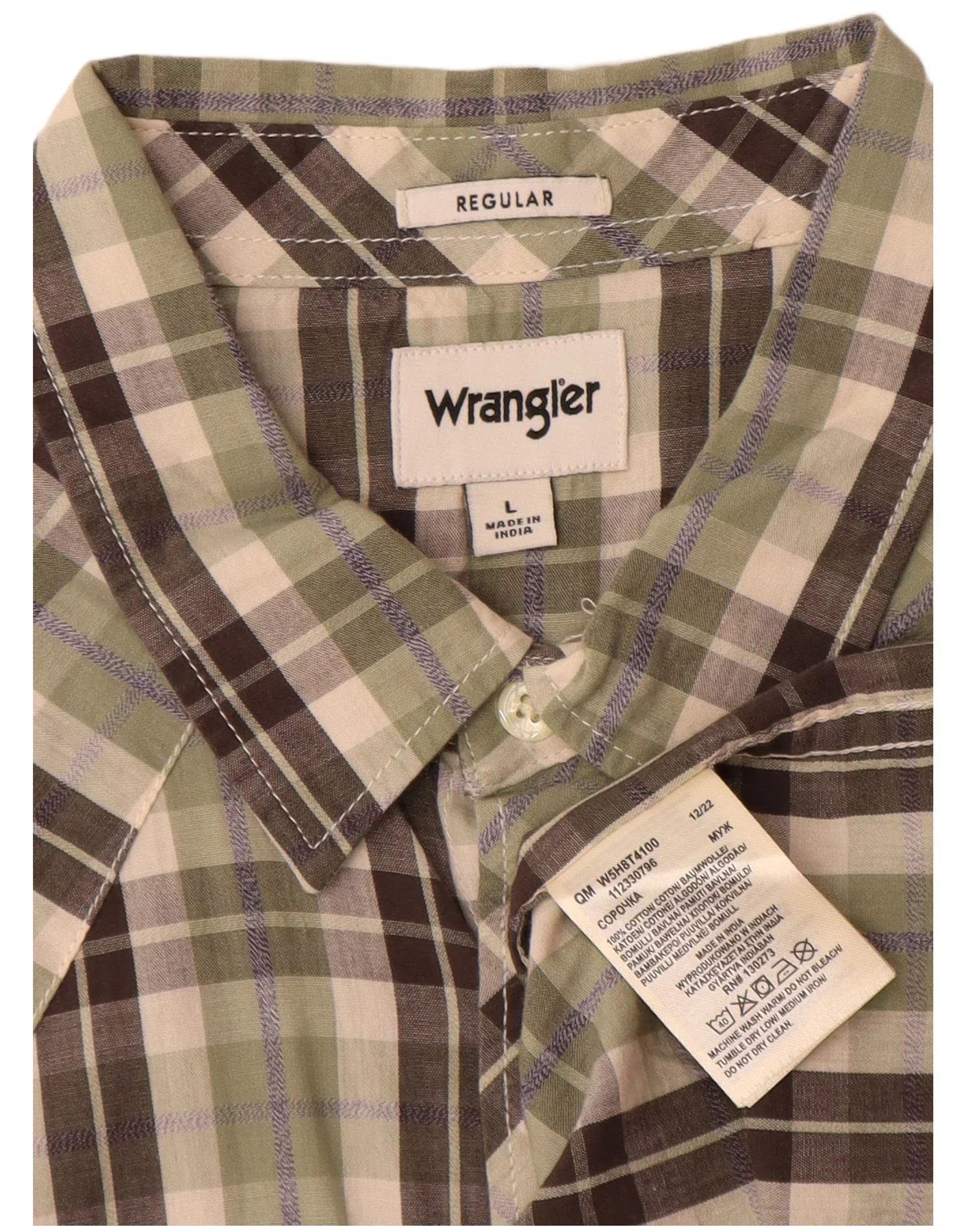 Wrangler Mens Short Sleeve Regular Fit Shirt Large Khaki Check Cotton - Image 3