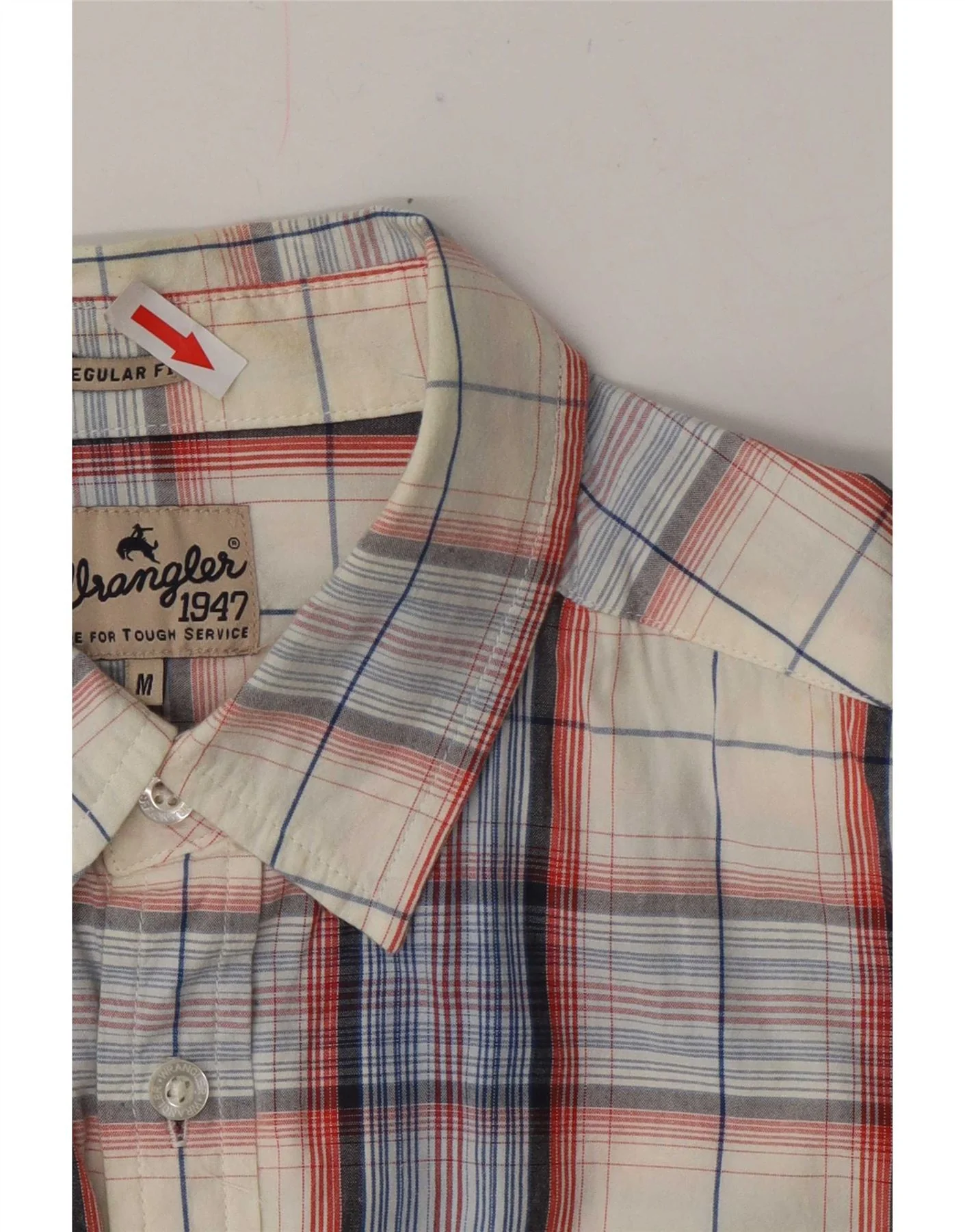 Wrangler Mens Short Sleeve Regular Fit Shirt Medium Off White Plaid Cotton - Image 3