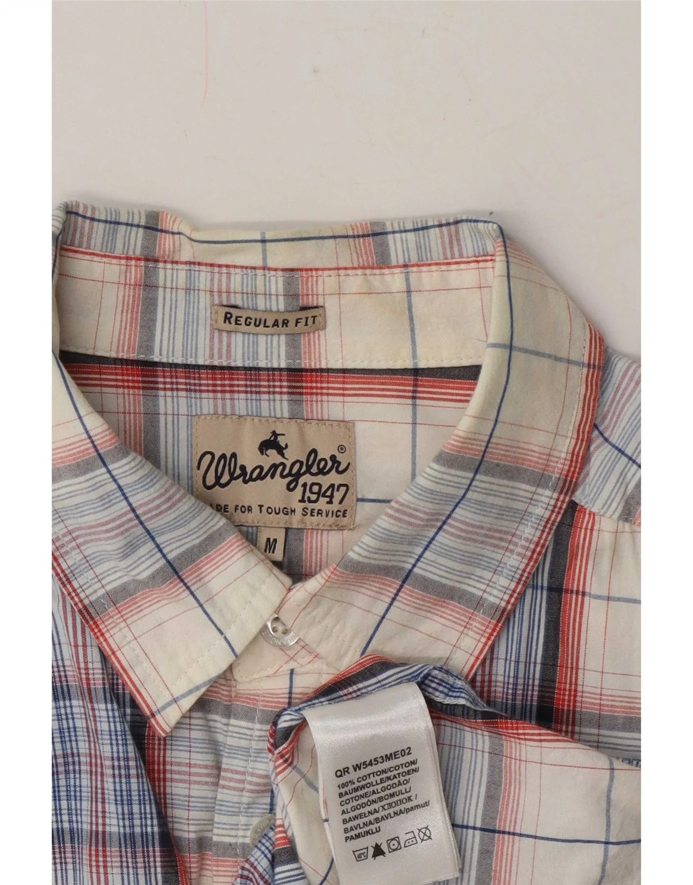 Wrangler Mens Short Sleeve Regular Fit Shirt Medium Off White Plaid Cotton - Image 4