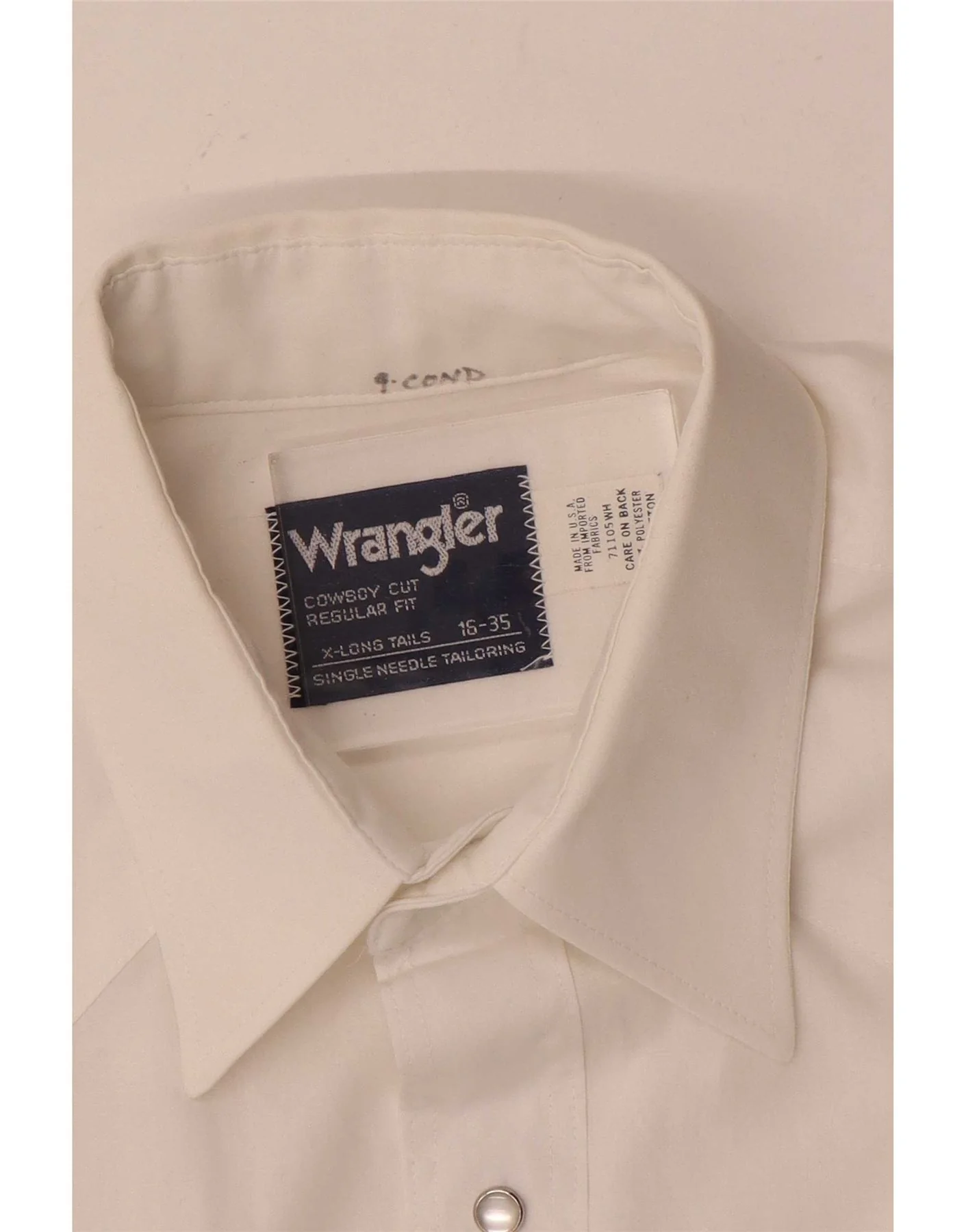 Wrangler Mens Tall Shirt Size 16 Large White Polyester - Image 3