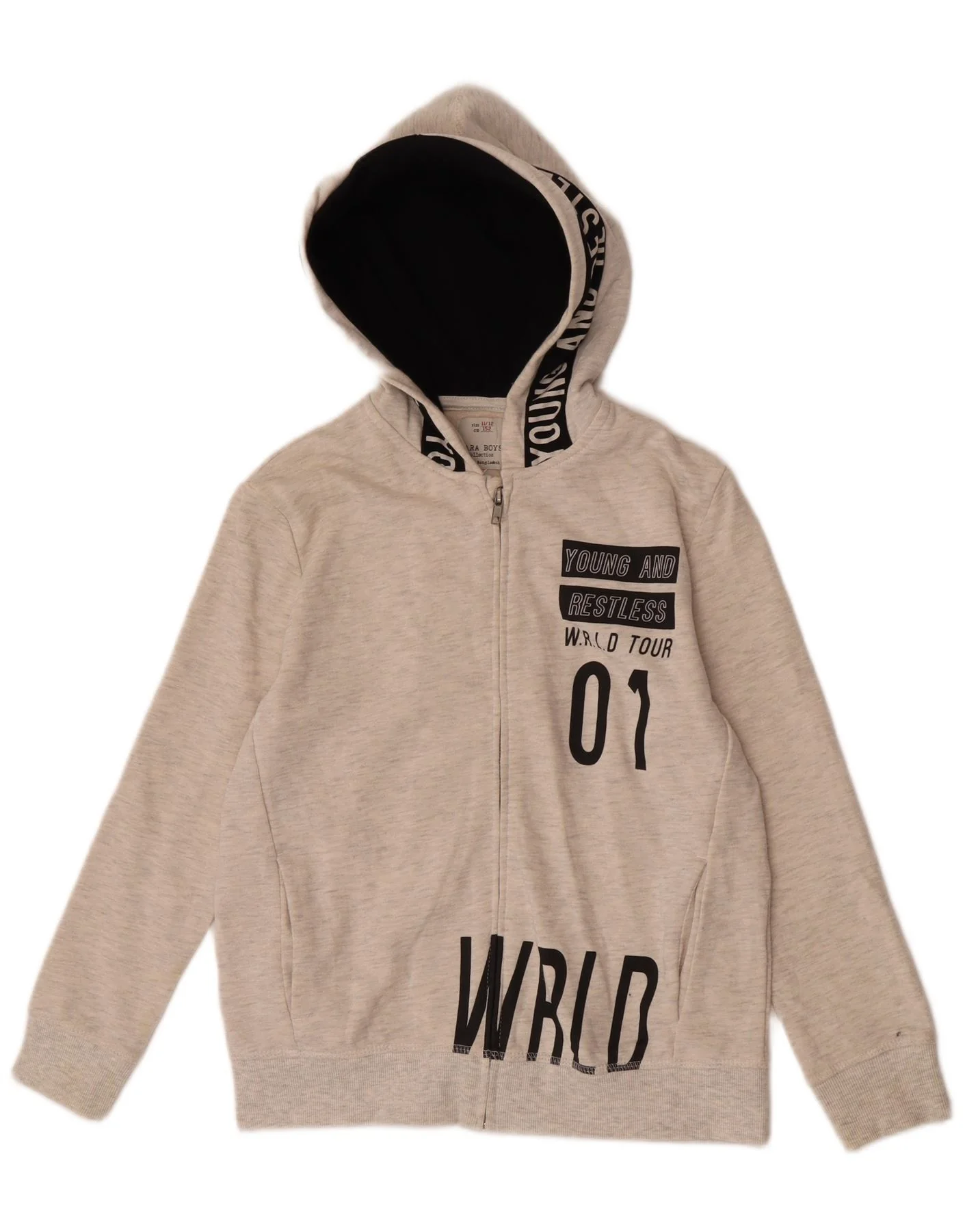 Zara Boys Graphic Zip Hoodie Sweater 11-12 Years Off White Flecked